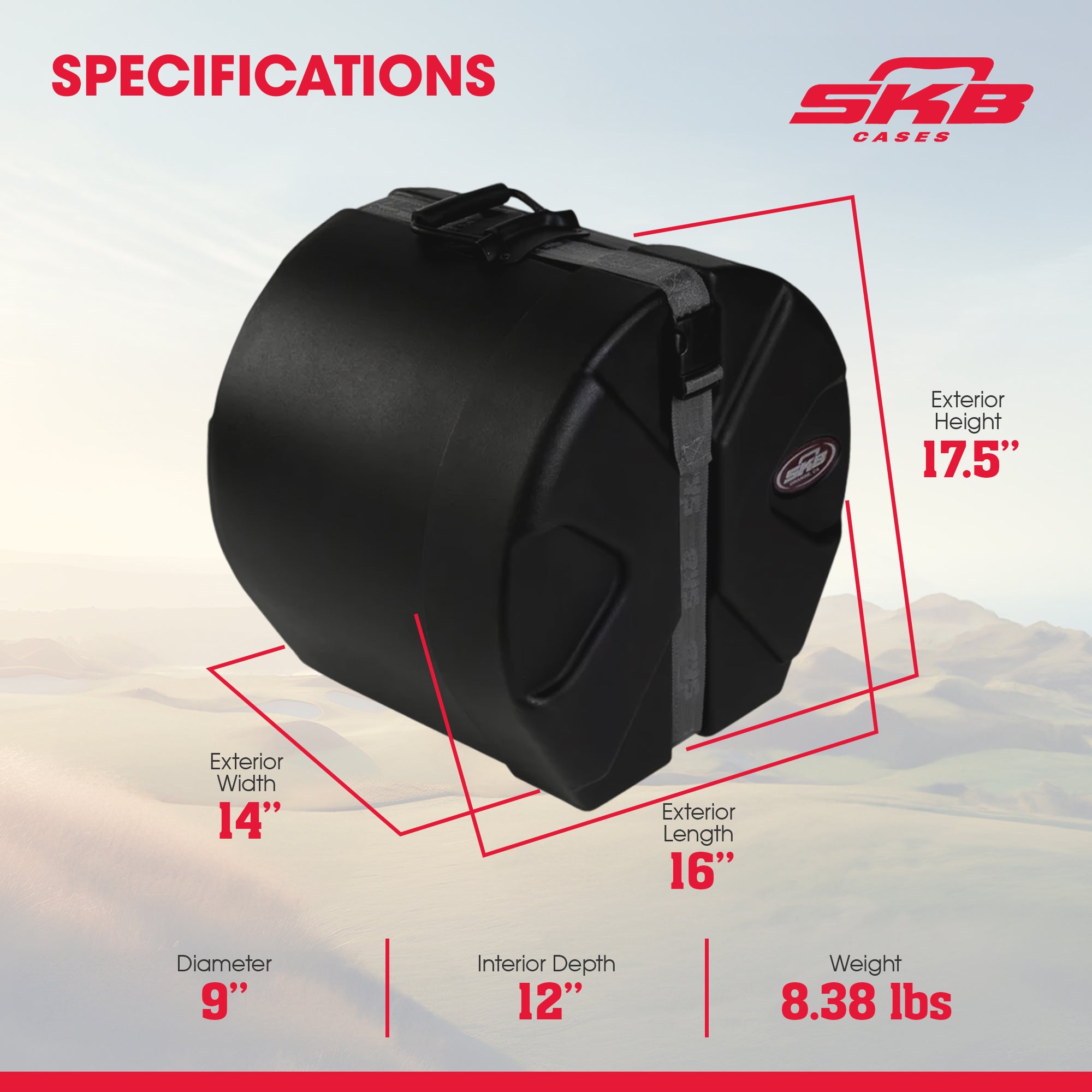 SKB 9" x 12" Tom Case with Padded Interior and D-Shaped Drum Design, Black