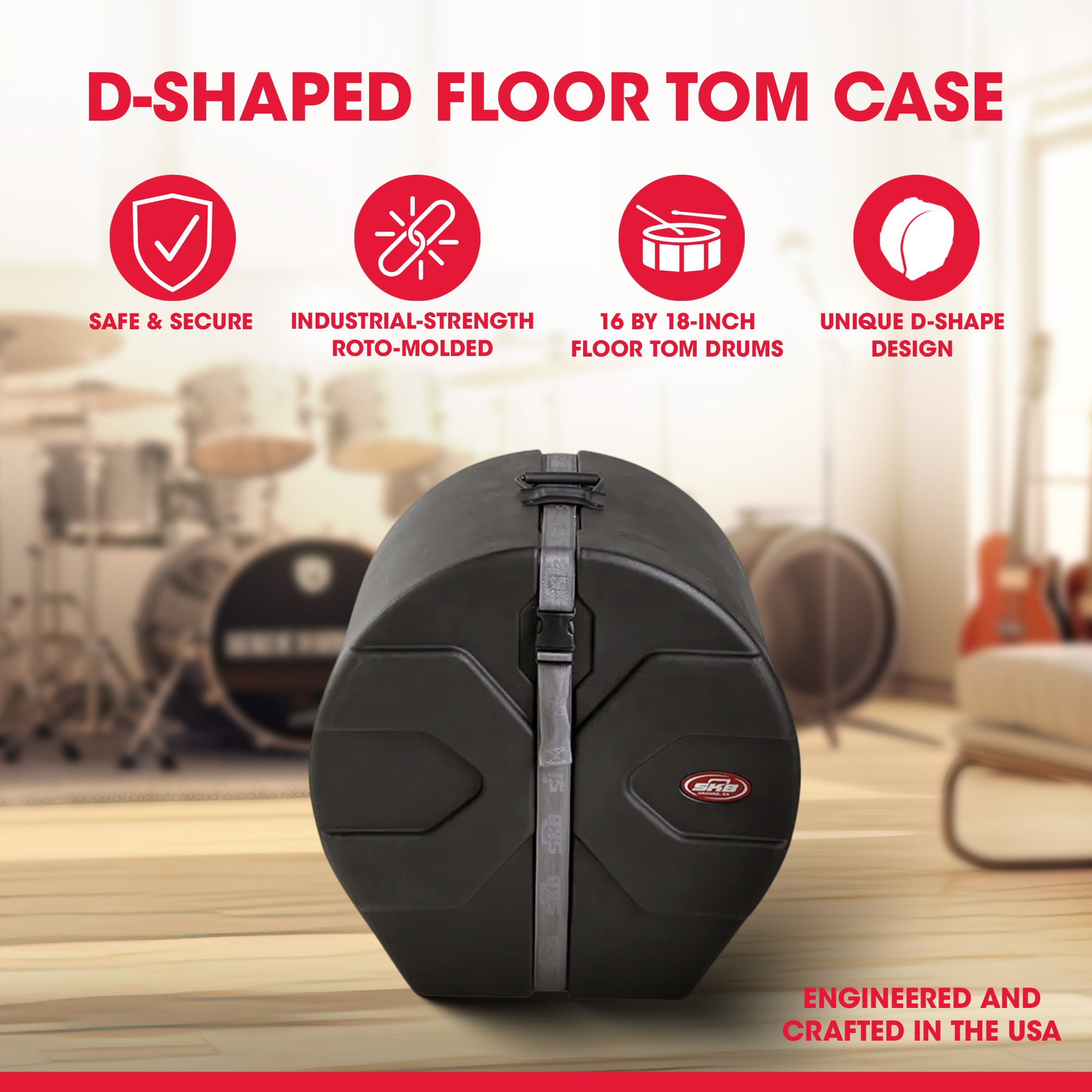 SKB 16" x 18" Floor Tom Case with Padded Interior and D-Shaped Drum Design - Smart-nests