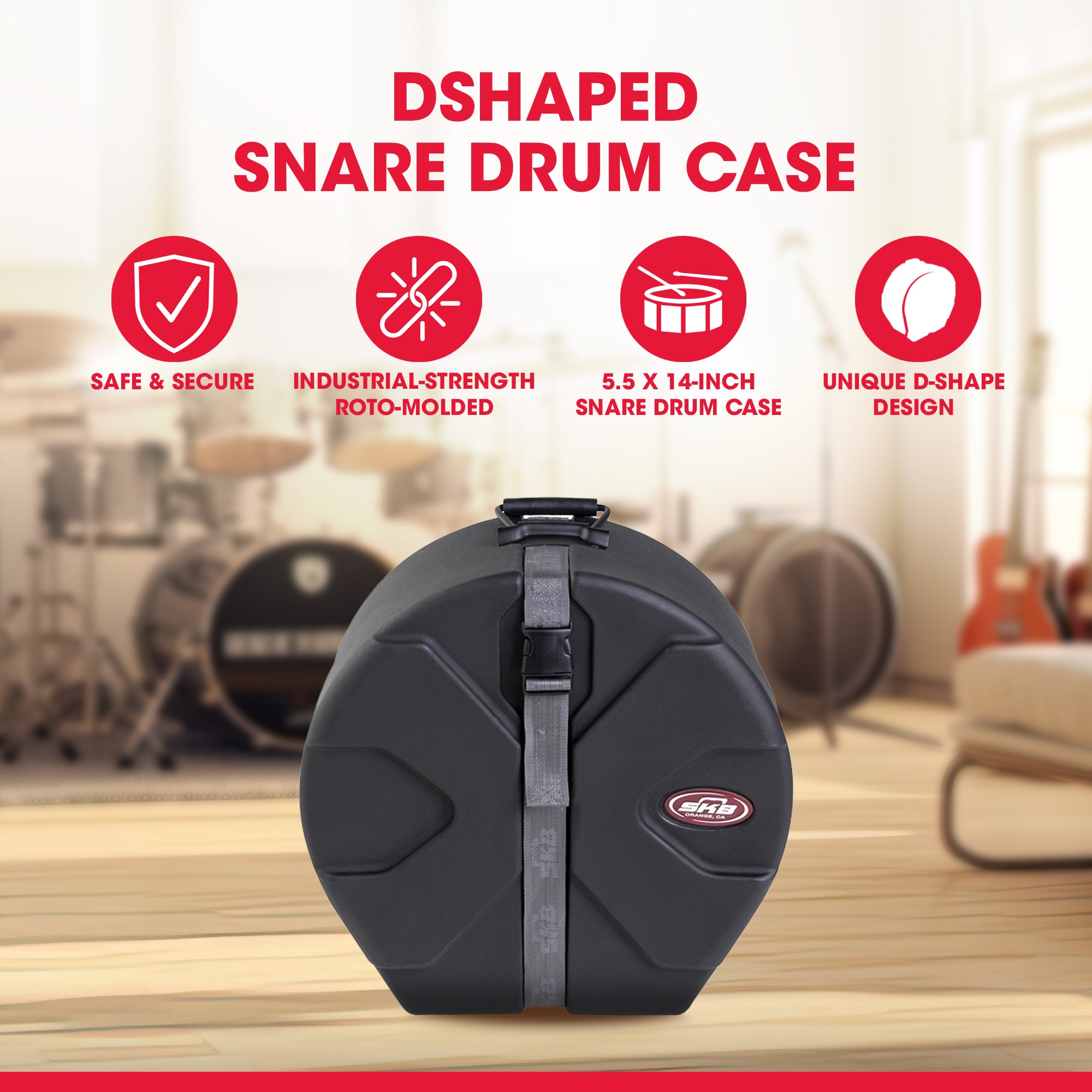 SKB 5.5" x 14" Snare Case with Padded Interior and D-Shaped Drum Design - Smart-nests