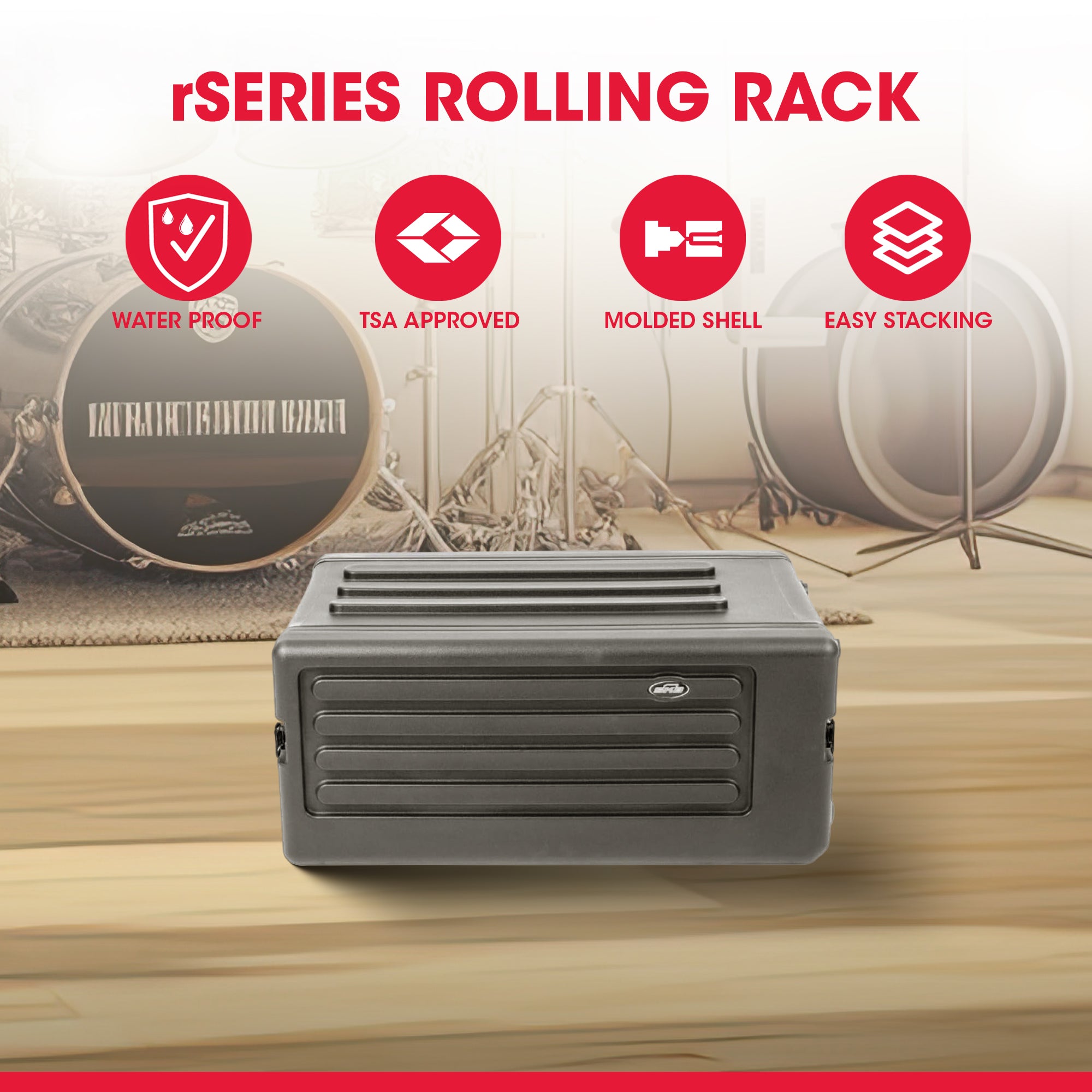 SKB 4U rSeries Shallow Rolling Rack with Integrated Back Wheels and Pull Handle - Smart-nests