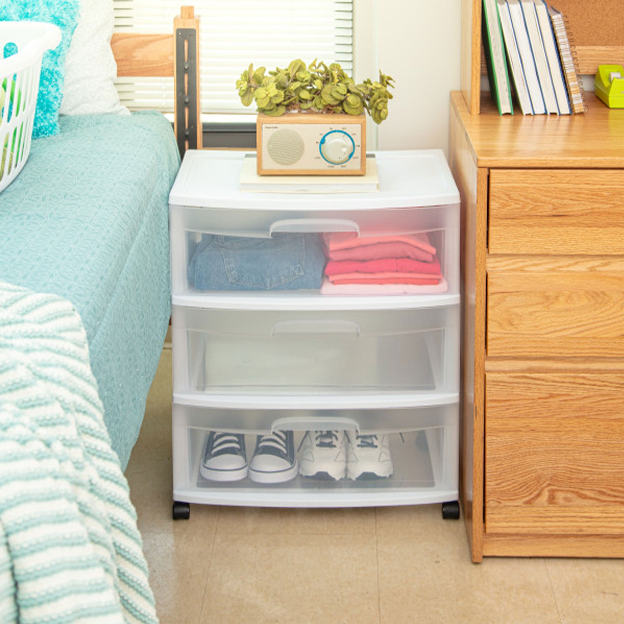 Sterilite Wide 3 Drawer Storage, Plastic Rolling Organization Cart, White Frame - Smart-nests