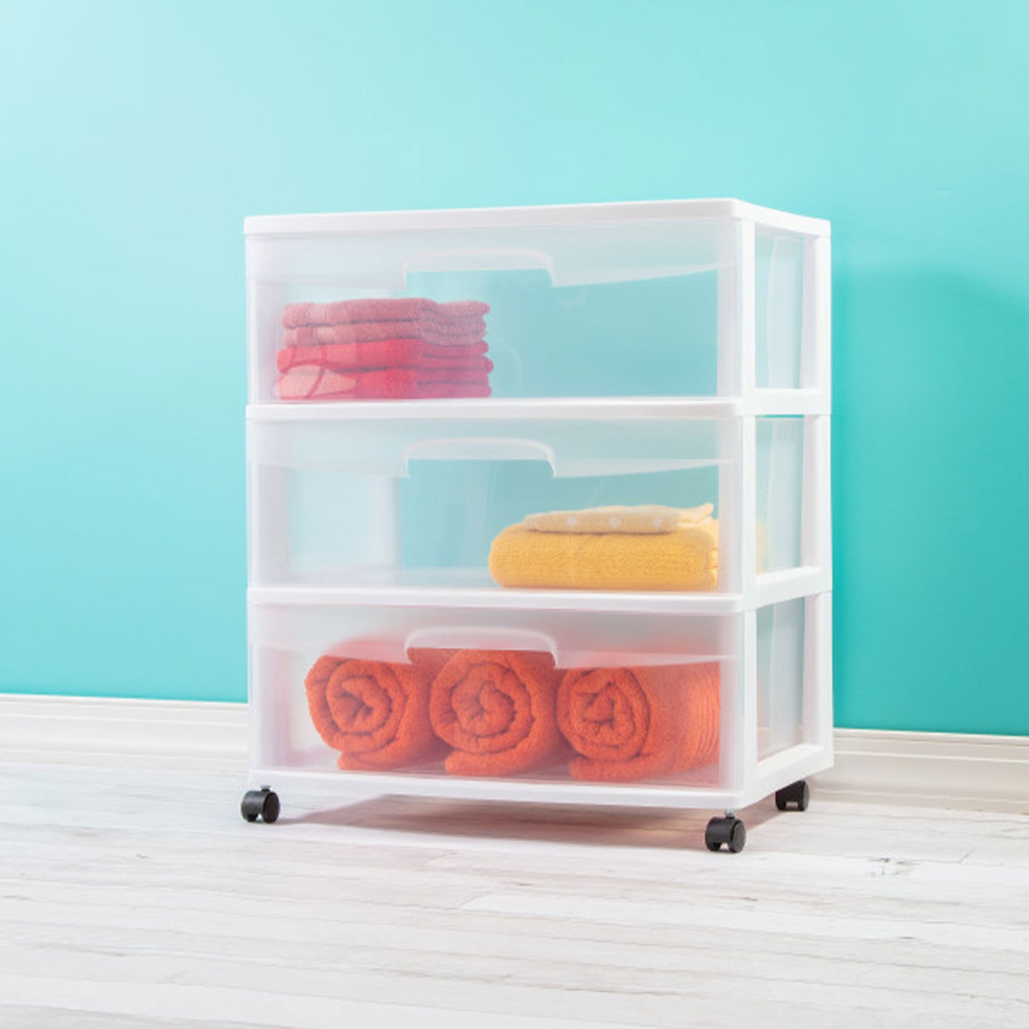Sterilite Wide 3 Drawer Storage, Plastic Rolling Organization Cart, White Frame - Smart-nests