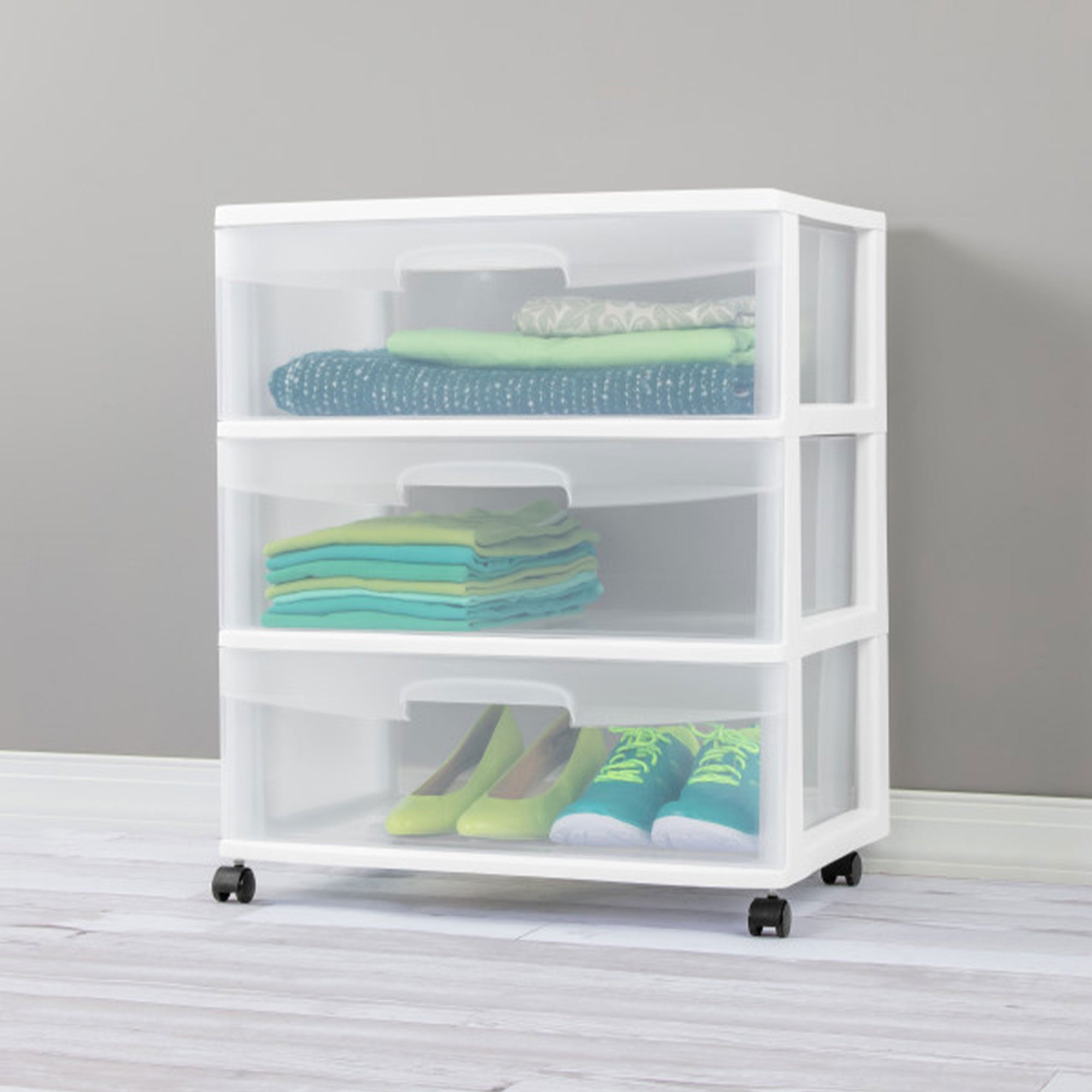 Sterilite Wide 3 Drawer Storage, Plastic Rolling Organization Cart, White Frame - Smart-nests