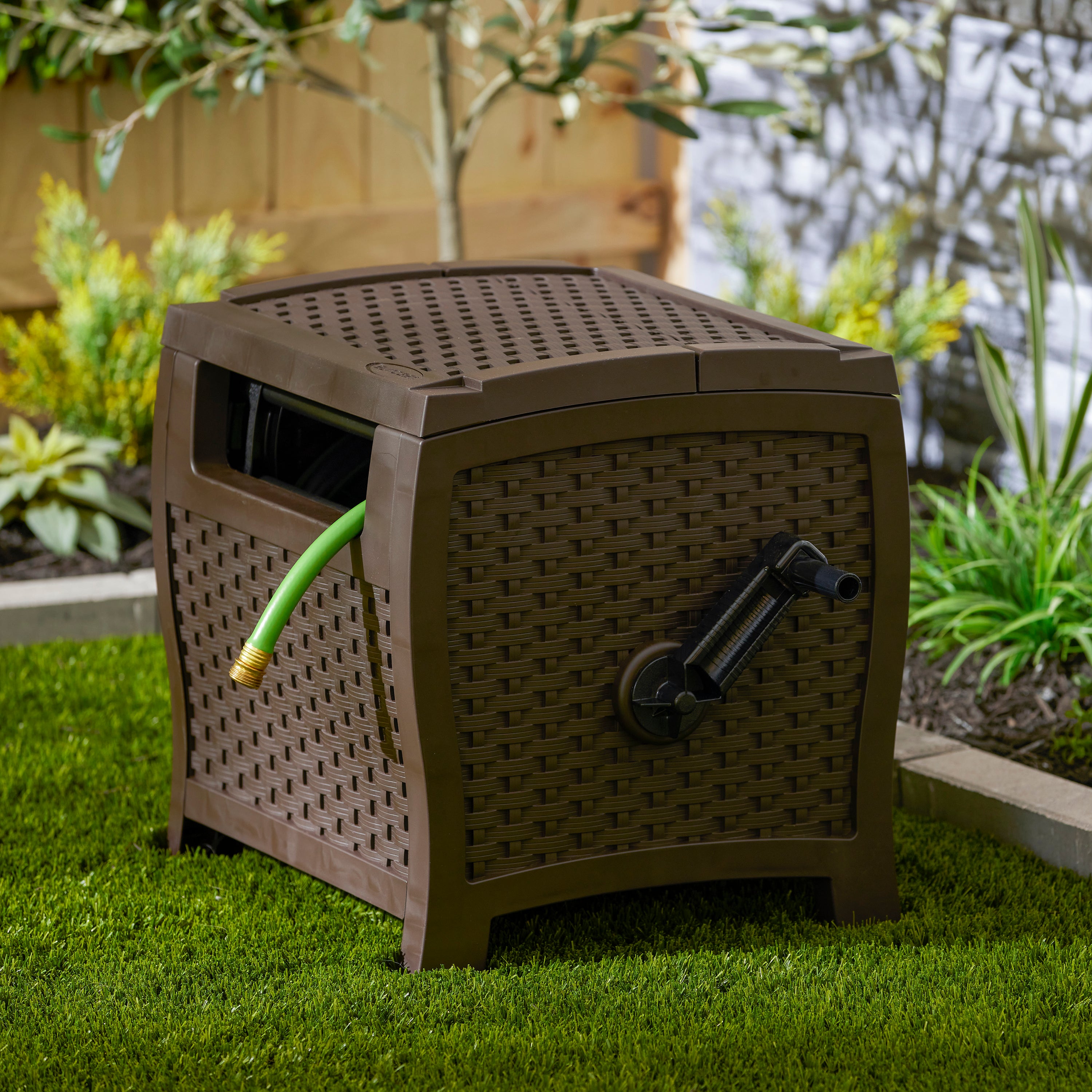 Suncast 175 Foot Slide Trak Outdoor Garden Water Hose Hideaway, Mocha Brown - Smart-nests
