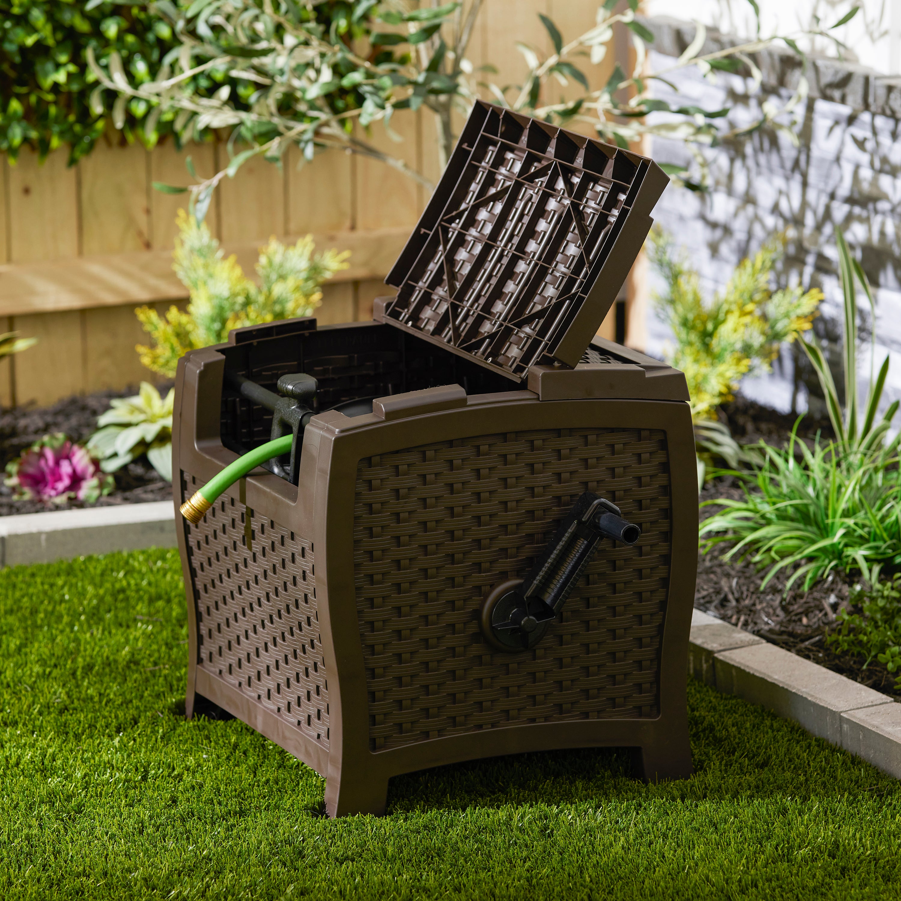 Suncast 175 Foot Slide Trak Outdoor Garden Water Hose Hideaway, Mocha Brown - Smart-nests