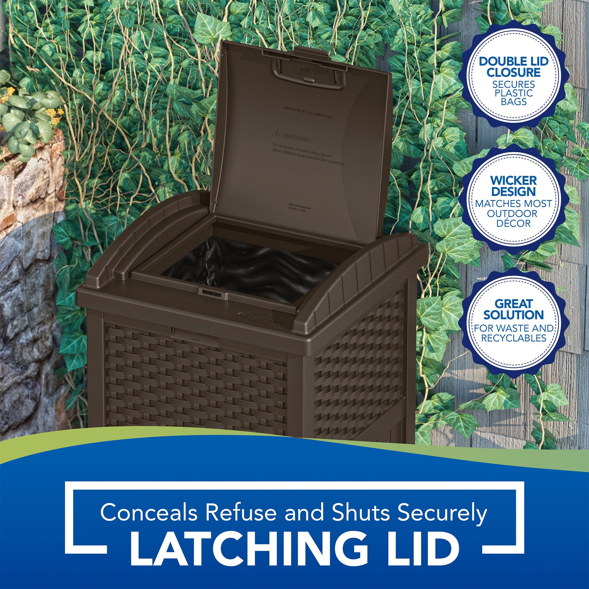 Suncast GHW1732 Trashcan Hideaway Outdoor 33 Gallon Garbage Waste Bin, Brown - Smart-nests