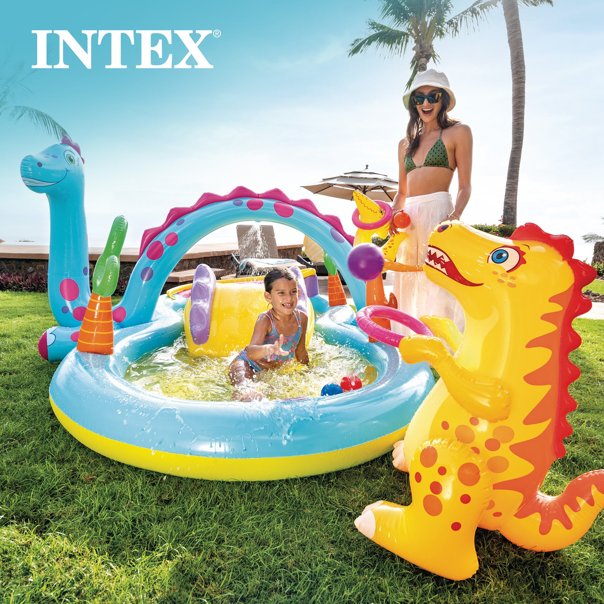 Intex 11ft x 7.5ft x 44in Dinoland Play Center Kiddie Inflatable Swimming Pool - Smart-nests