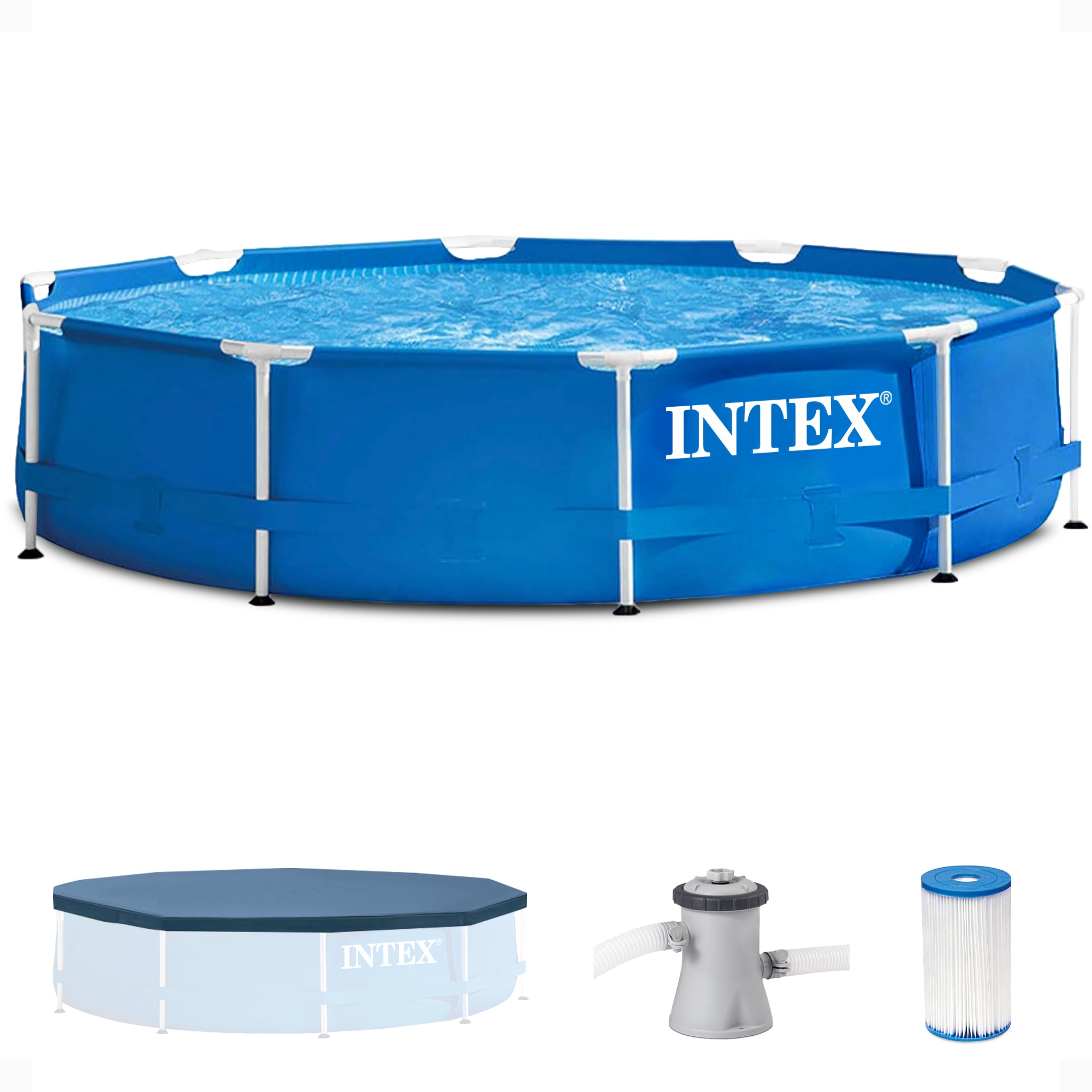INTEX Metal Frame 10' x 30" Outdoor Swimming Pool with Filter Pump and Cover - Smart-nests