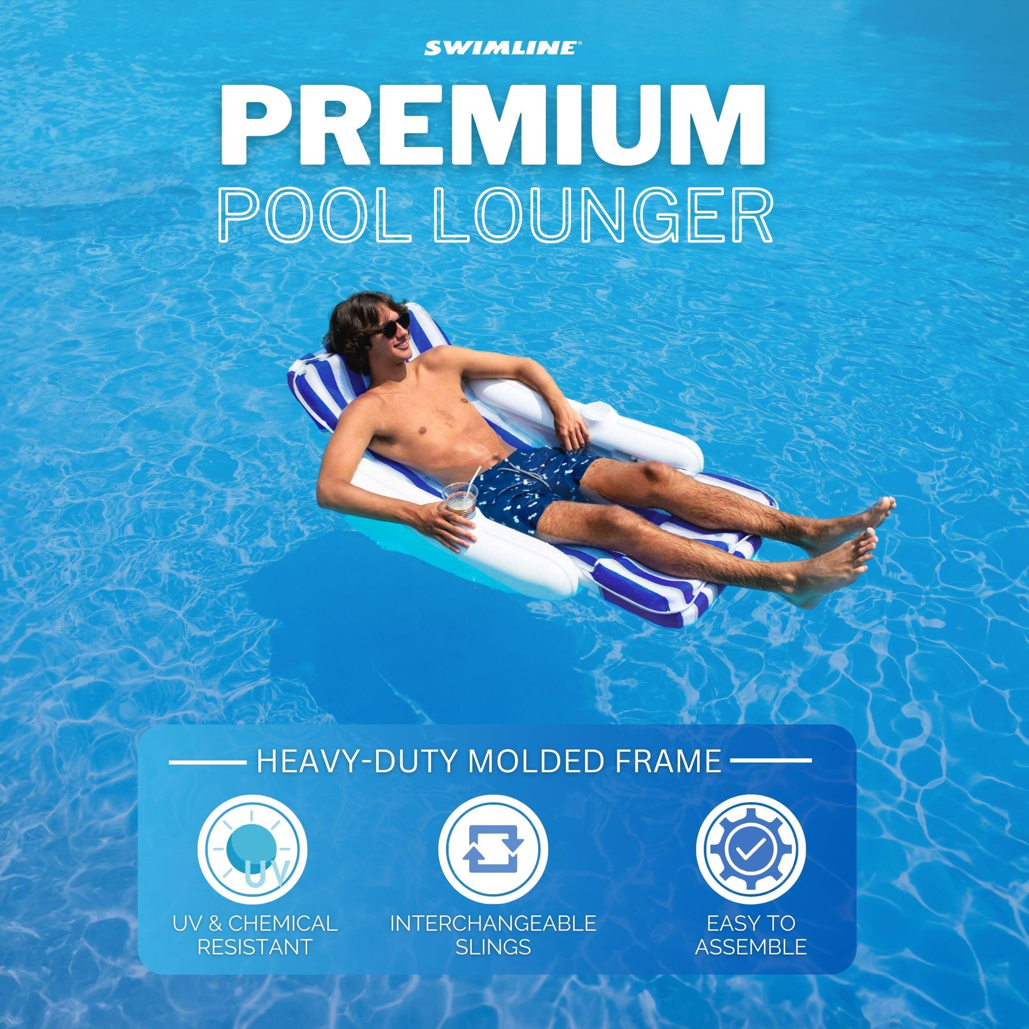 Swimline SunChaser Padded Floating Luxury Pool Lounge Sling Chair, Blue/White - Smart-nests
