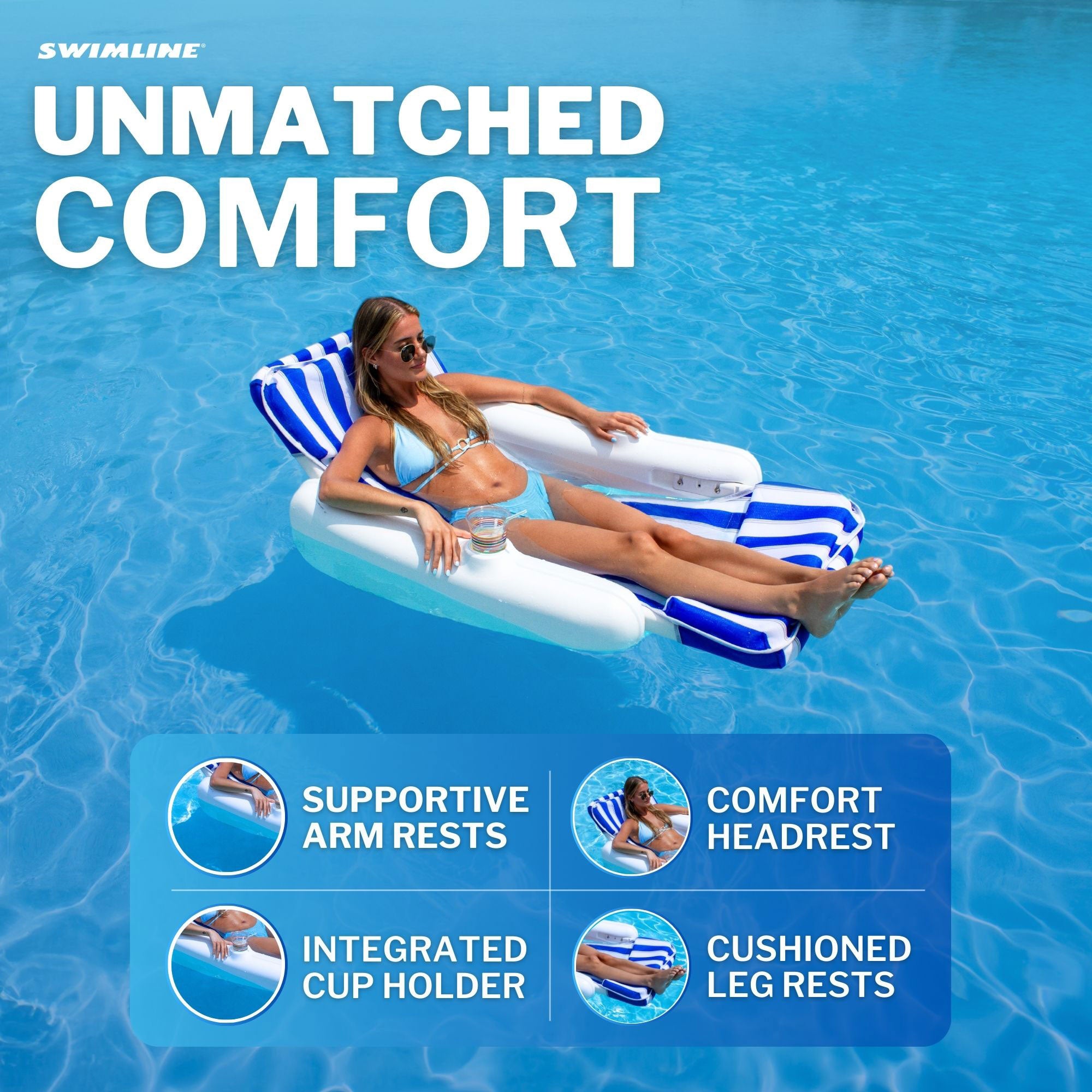 Swimline SunChaser Padded Floating Luxury Pool Lounge Sling Chair, Blue/White - Smart-nests