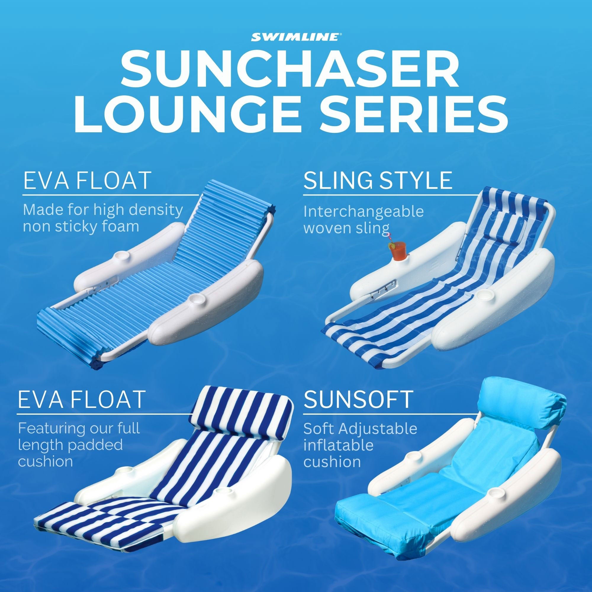 Swimline SunChaser Padded Floating Luxury Pool Lounge Sling Chair, Blue/White - Smart-nests