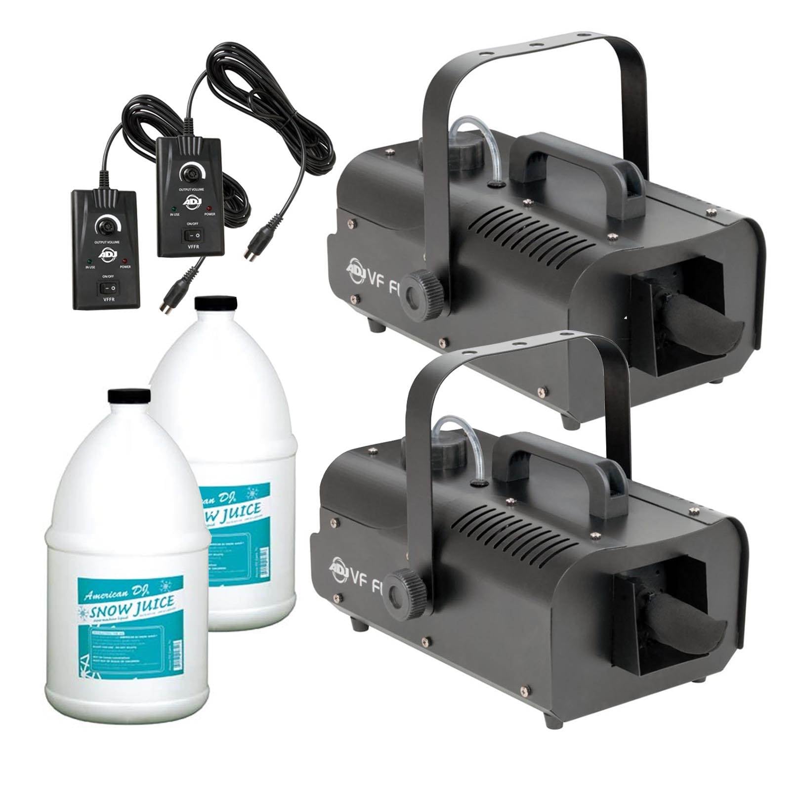 (2) American DJ VF Flurry High Output Snow Machines w/ Remotes & (2) Snow Fluids - Smart-nests
