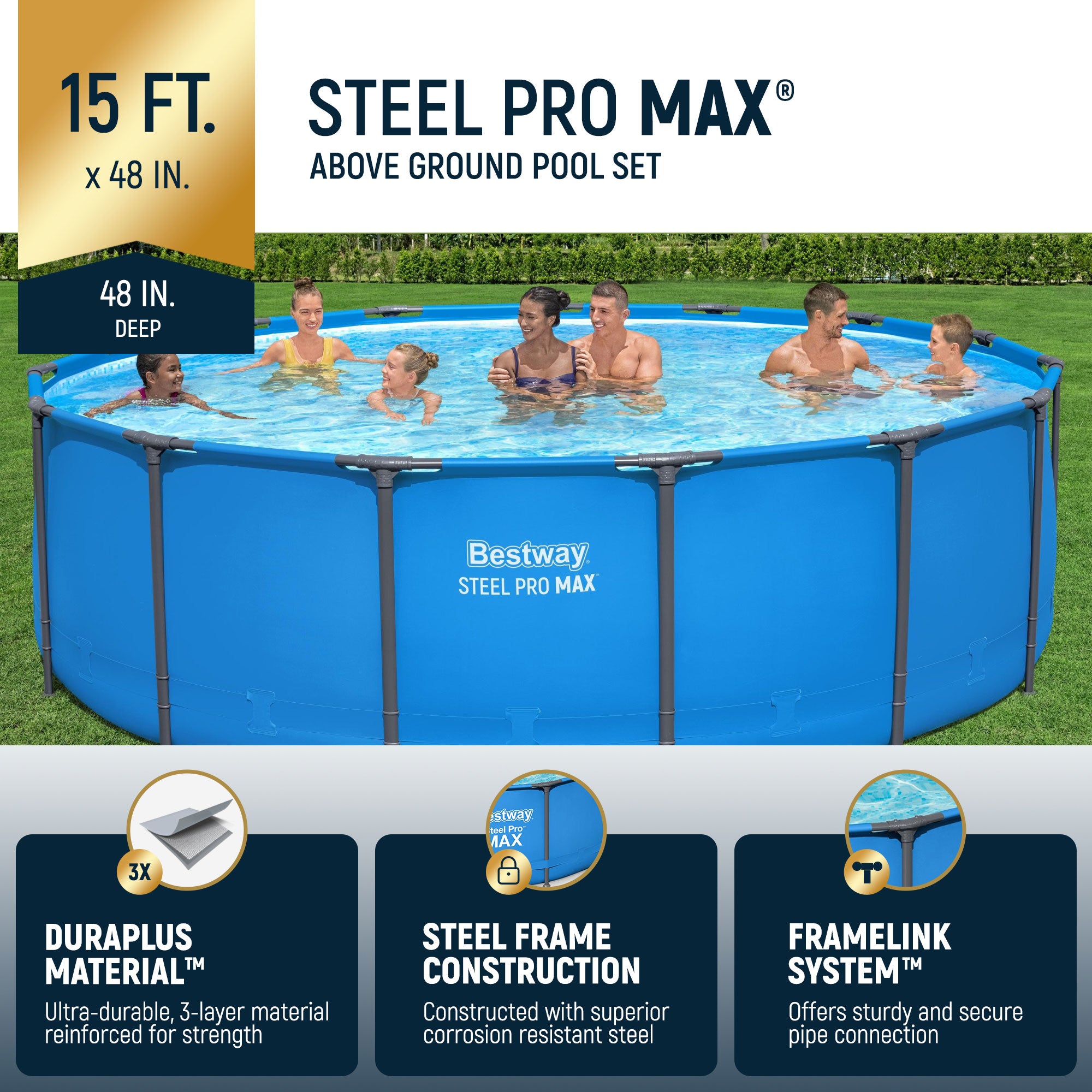 Bestway Steel Pro MAX 15' x 48" Round Above Ground Swimming Pool for Backyard