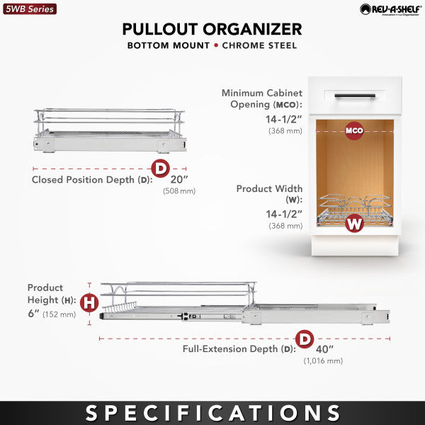 Rev-A-Shelf Pullout Basket Organizer for Kitchen or Vanity Cabinets, 15 x 20 In, 5WB1-1520CR-1