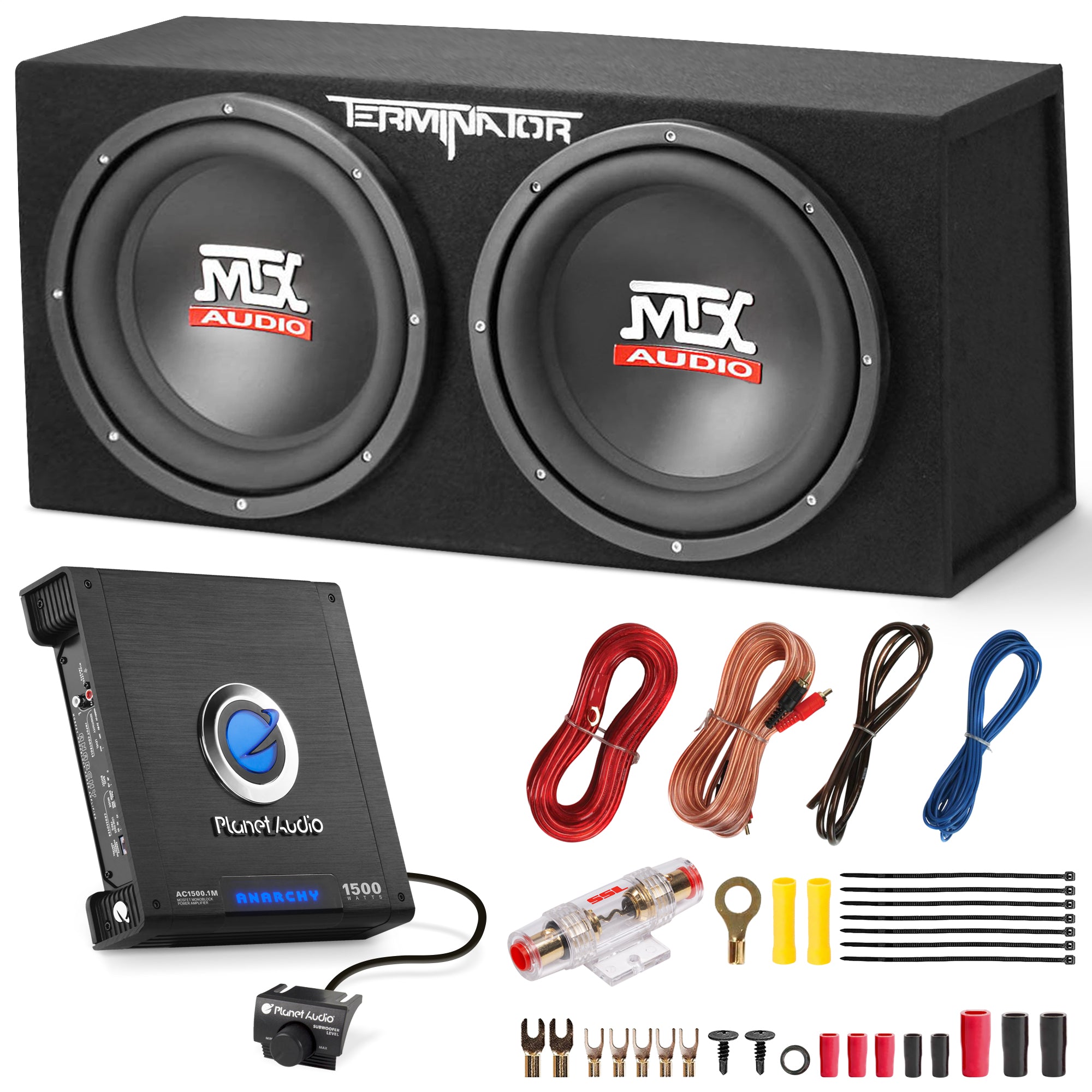 MTX TNE212D 12" 1200W Dual Loaded Car Subwoofers Box & Planet 1500W Amp with Kit - Smart-nests