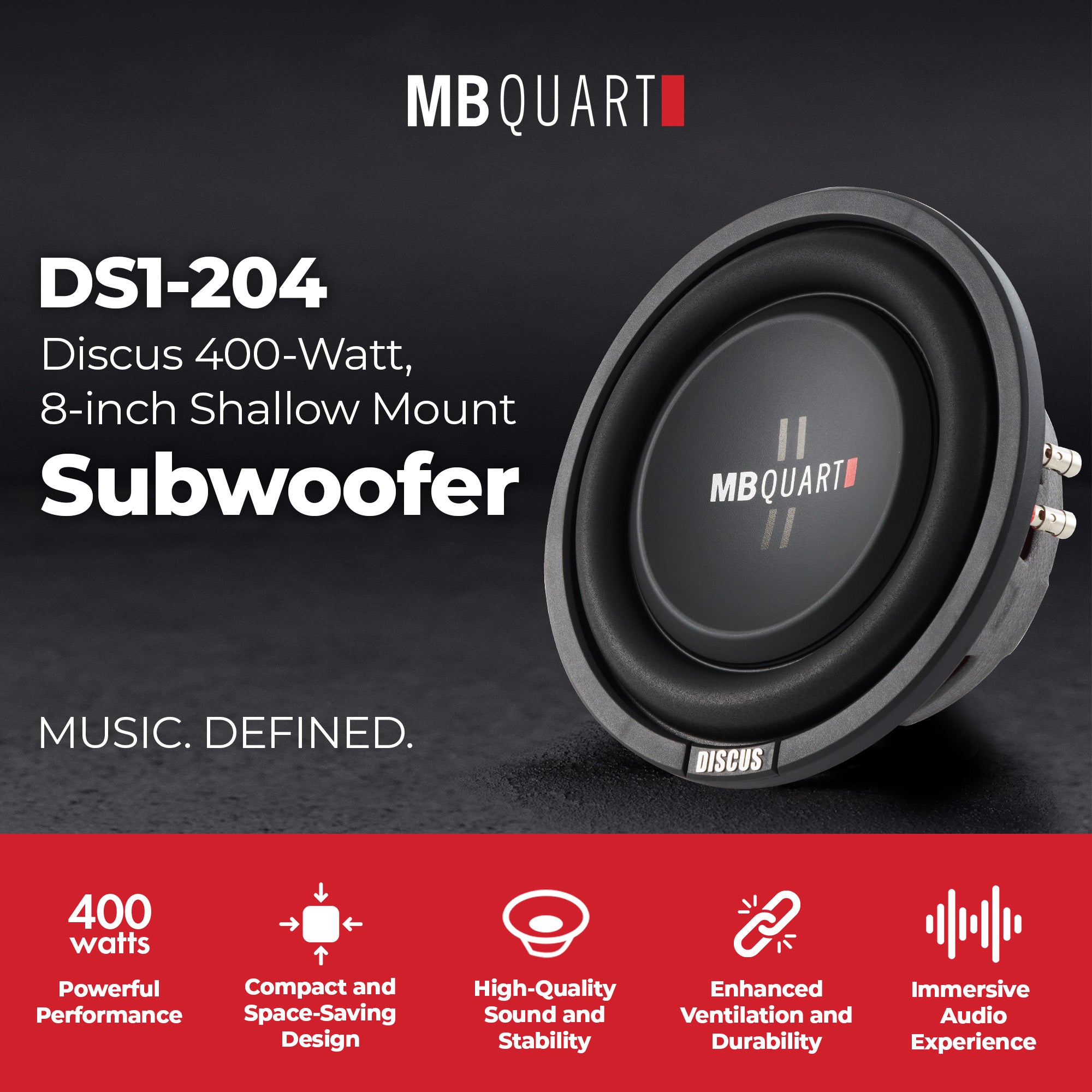 MB Quart DS1-204 400 Watt 8 Inch Shallow Slim DVC 4 Ohm Car Sub, Single Speaker - Smart-nests