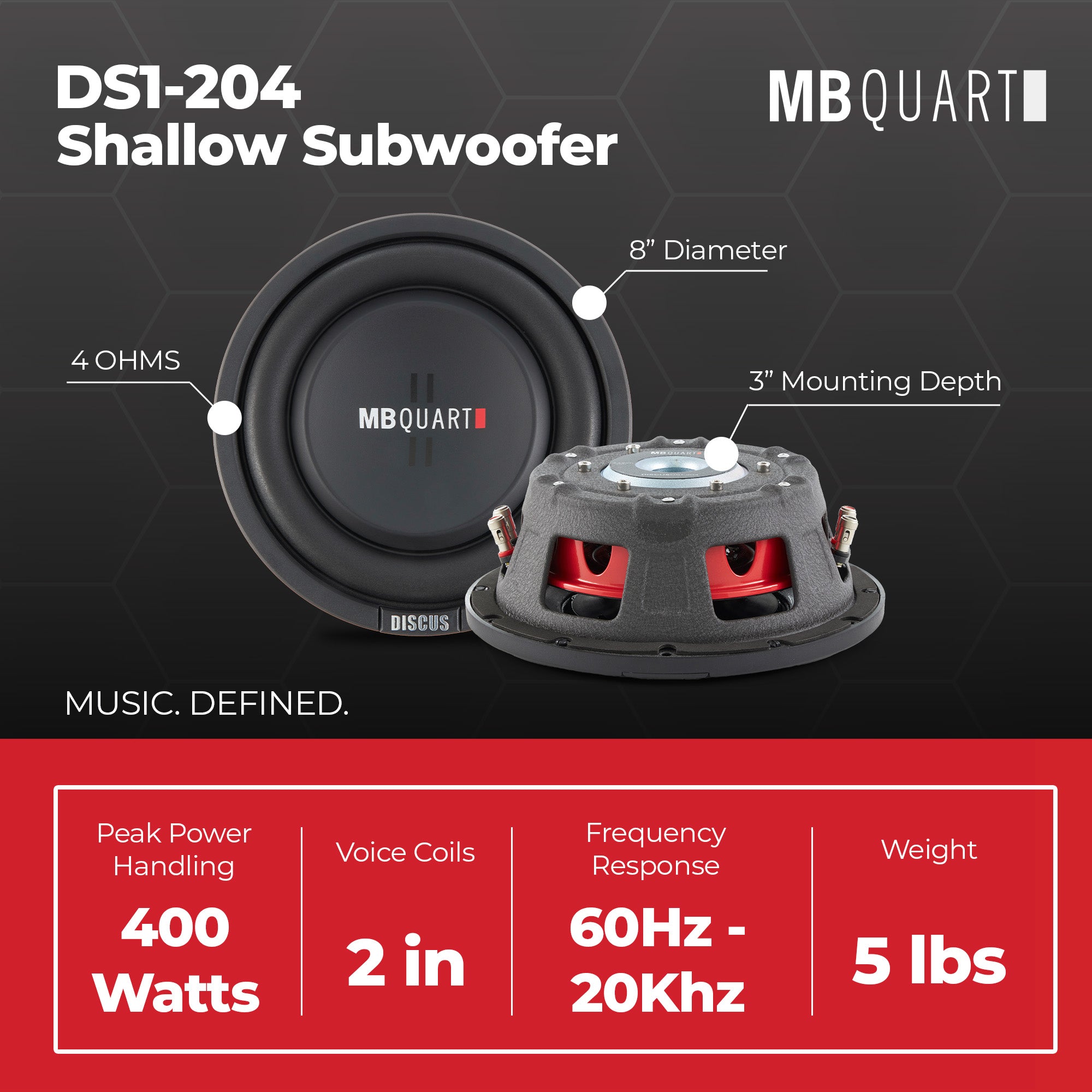 MB Quart DS1-204 400 Watt 8 Inch Shallow Slim DVC 4 Ohm Car Sub, Single Speaker - Smart-nests