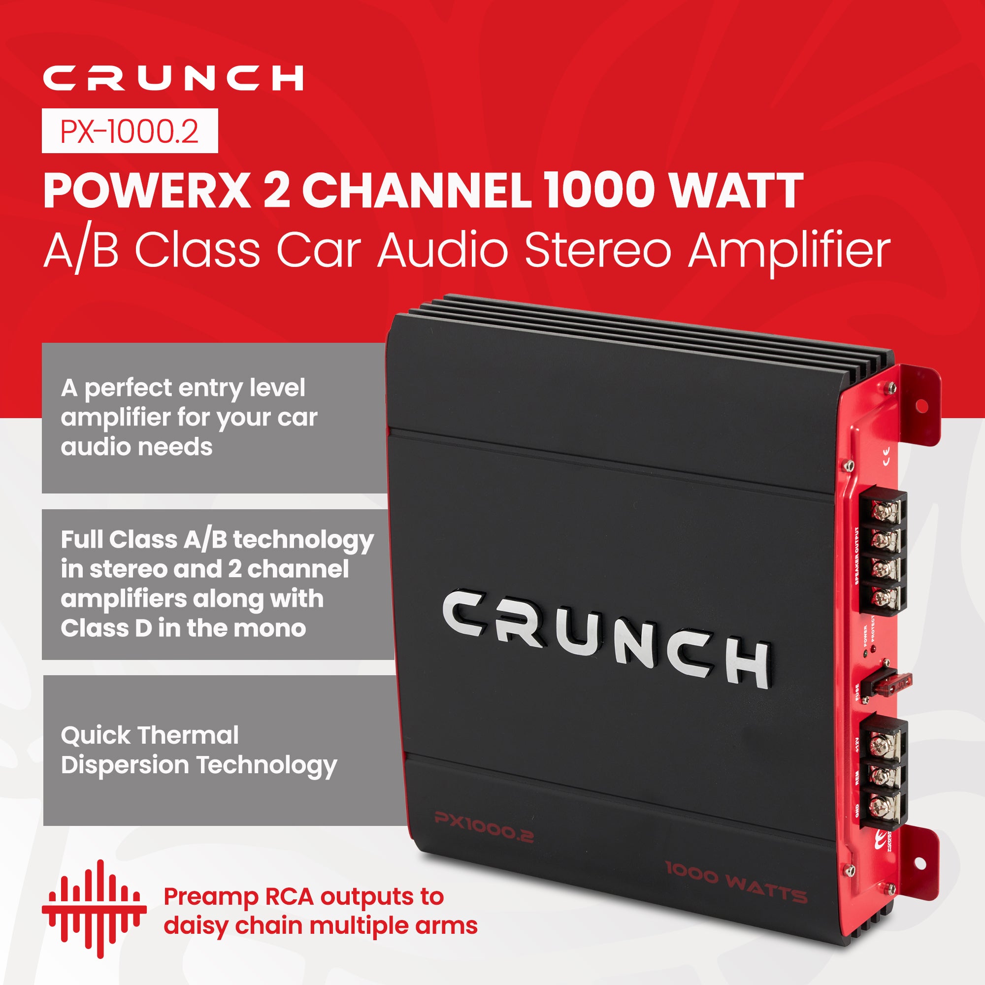 Crunch 2 Channel 1000 Watt Amp A/B Class Car Audio Stereo Amplifier | PX-1000.2 - Smart-nests