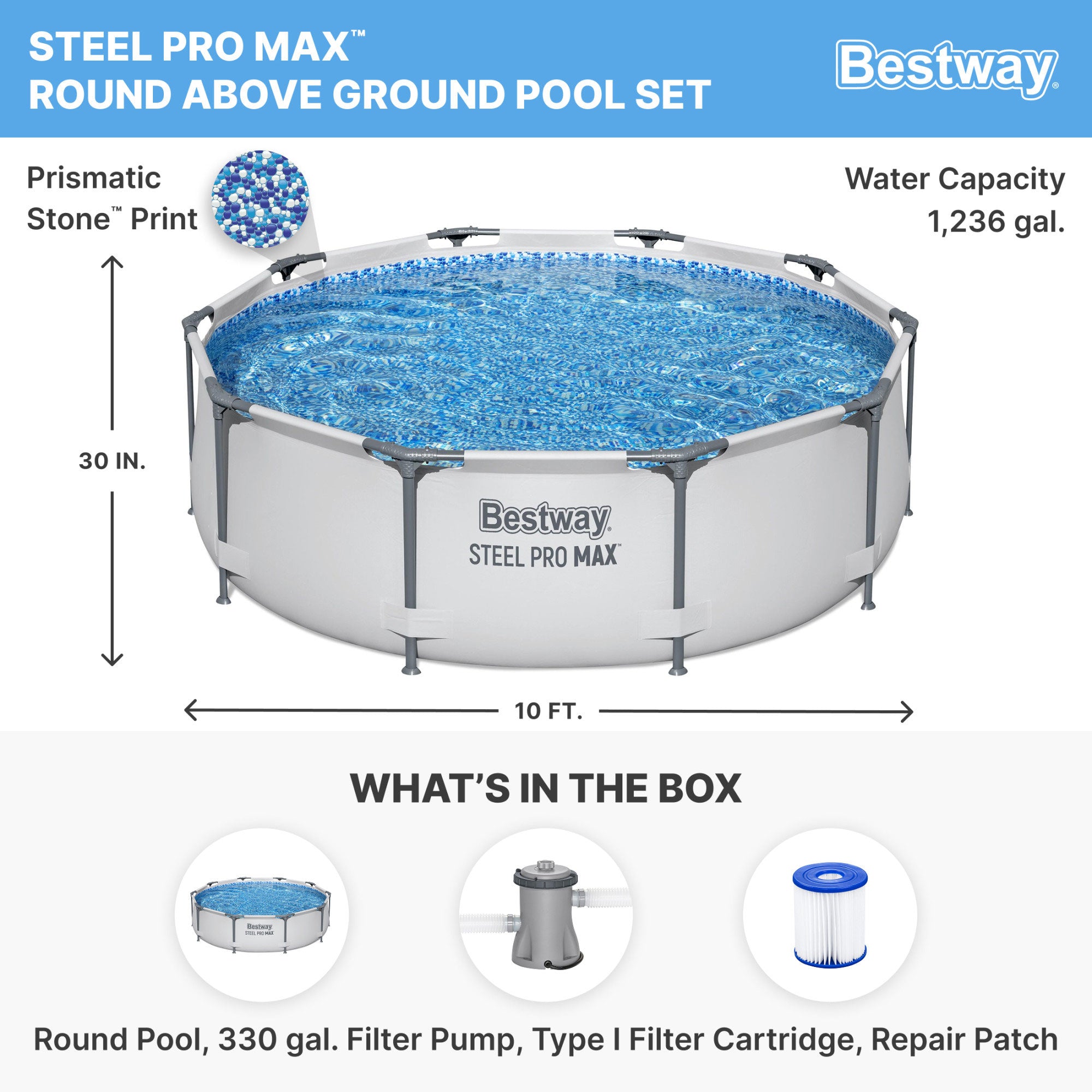 Bestway Steel Pro MAX 10'x30" Round Above Ground Outdoor Swimming Pool with Pump - Smart-nests