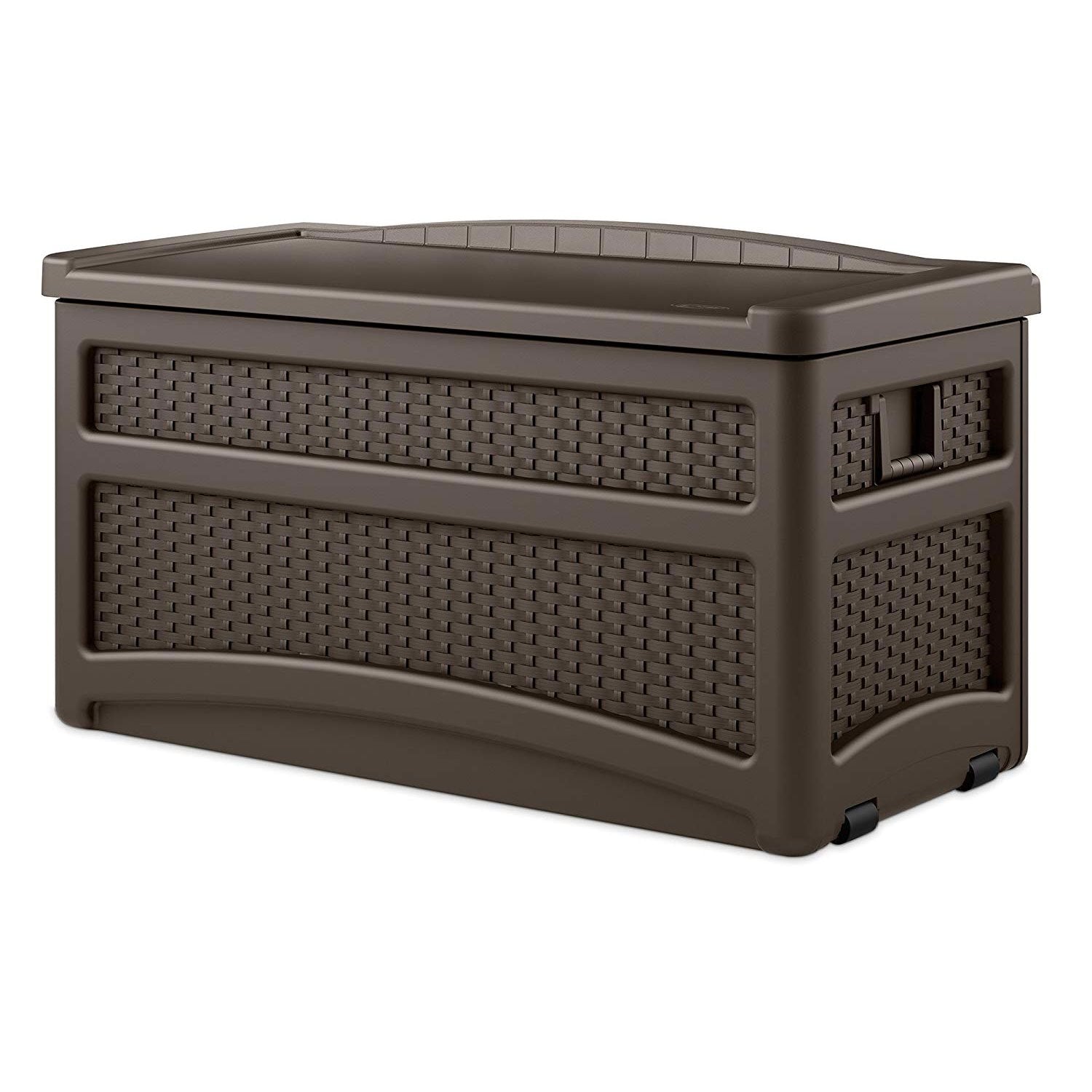 Suncast 73 Gallon Deck Box w/ Seat & Trash Hideaway Outdoor Garbage Bin, Java - Smart-nests