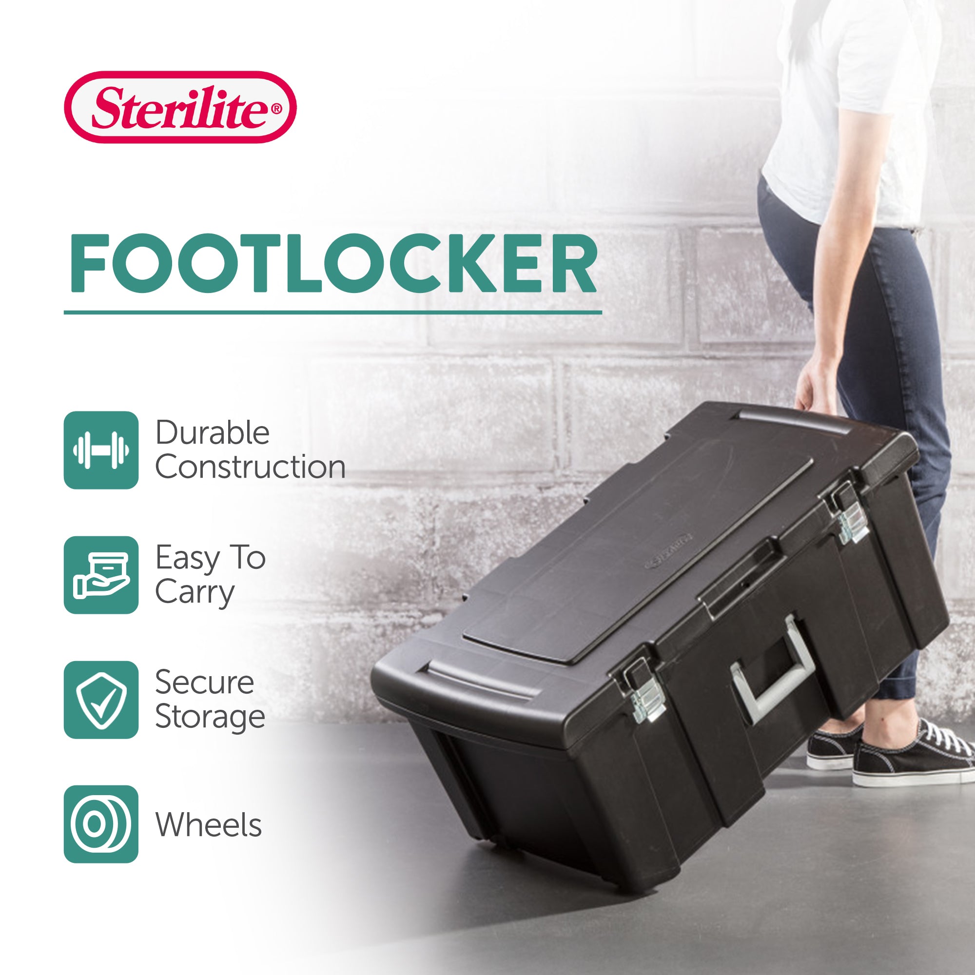 Sterilite Wheeled Footlocker, Plastic Utility Lockable Storage Container, Black - Smart-nests