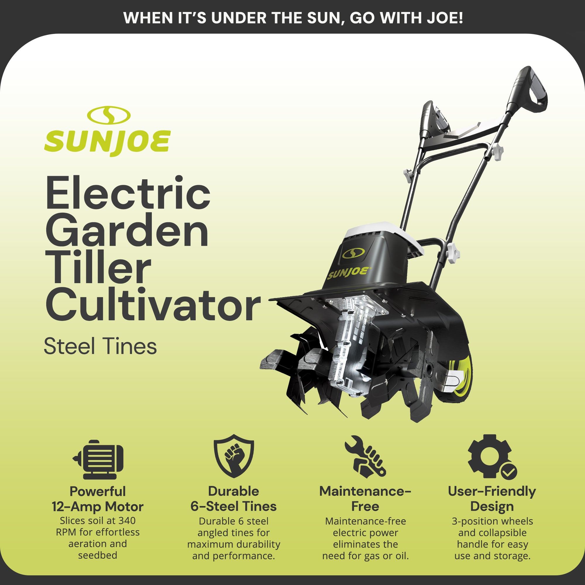 Sun Joe Electric Garden Tiller Cultivator, Steel Tines, 12 Amp, 16", TJ603E - Smart-nests