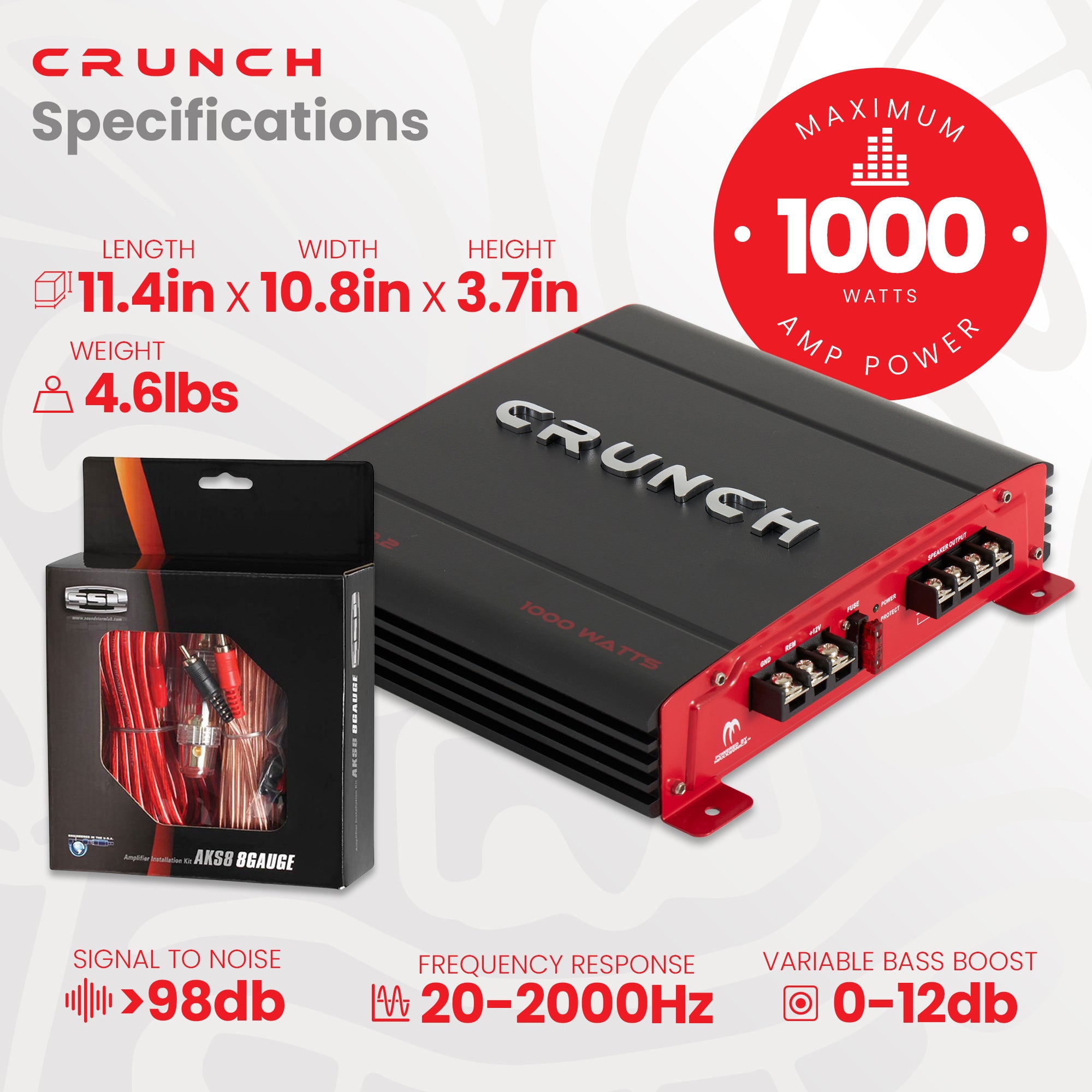 Crunch PX-1000.2 1000W Car Stereo Amp & Soundstorm AKS8 8 Gauge Amp Wiring Kit - Smart-nests