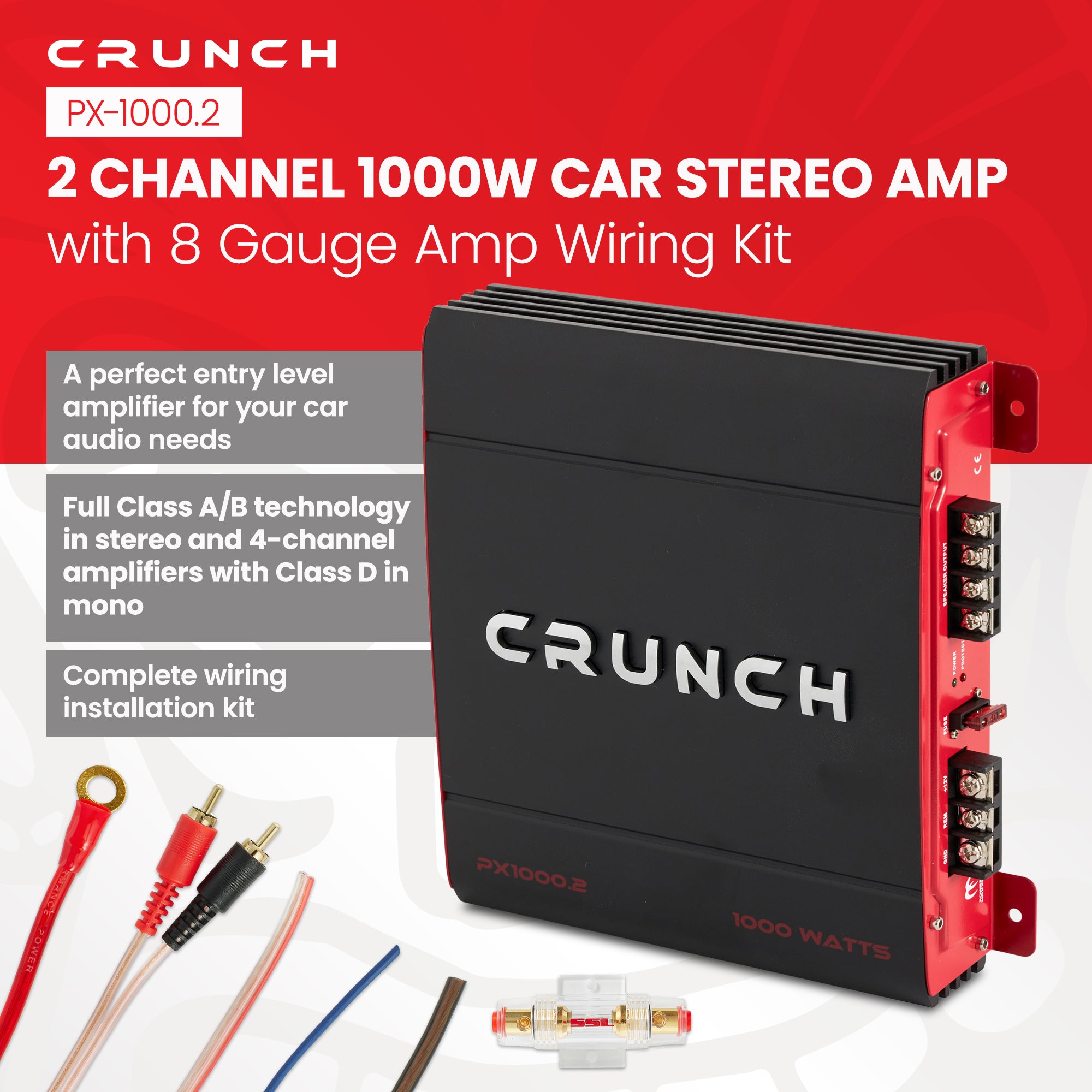 Crunch PX-1000.2 1000W Car Stereo Amp & Soundstorm AKS8 8 Gauge Amp Wiring Kit - Smart-nests