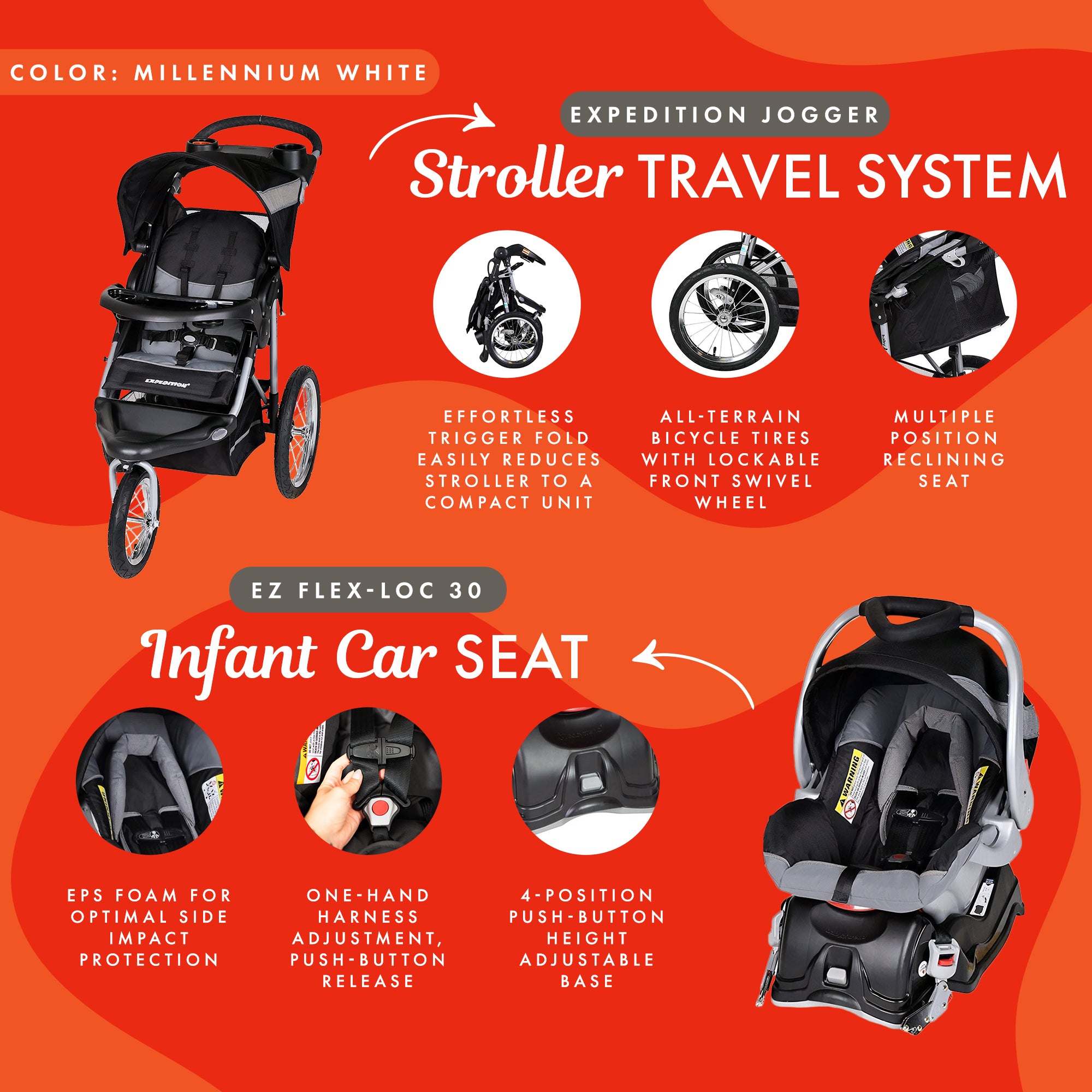 Baby Trend Expedition Travel System with Stroller and Car Seat, Millennium White - Smart-nests