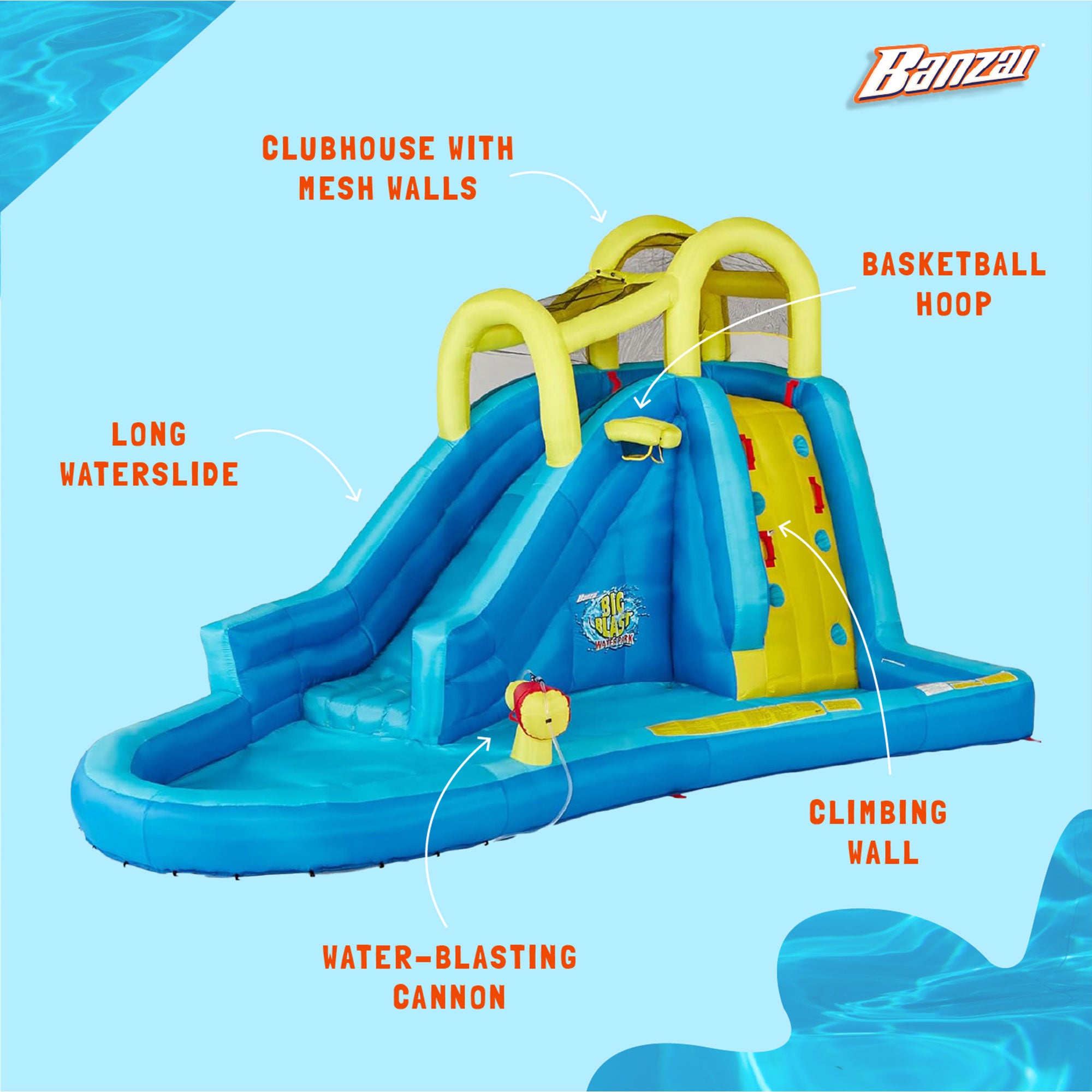 Banzai Big Blast Inflatable Water Park w/ Climbing Wall, Ball Game & Splash Pool - Smart-nests