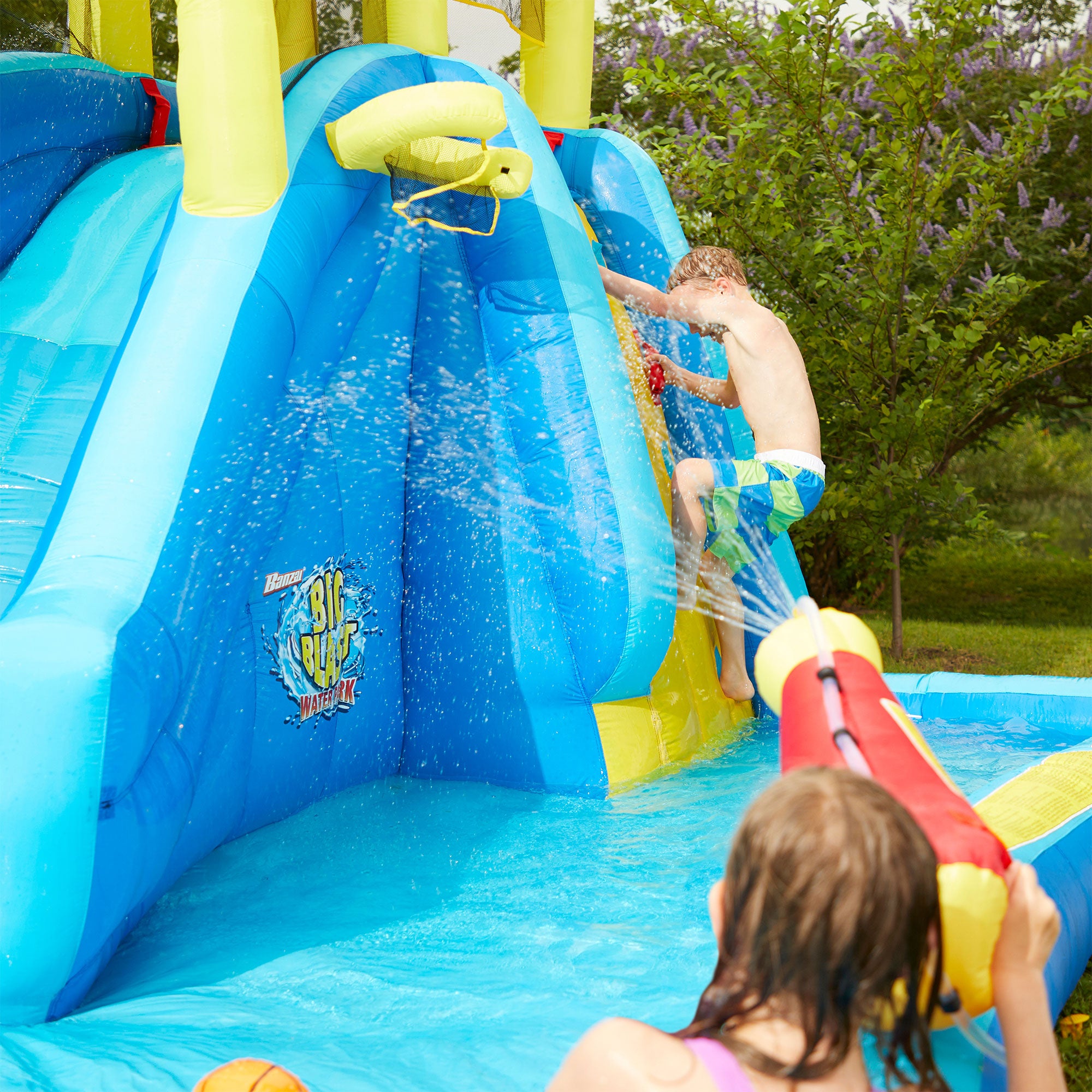 Banzai Big Blast Inflatable Water Park w/ Climbing Wall, Ball Game & Splash Pool - Smart-nests