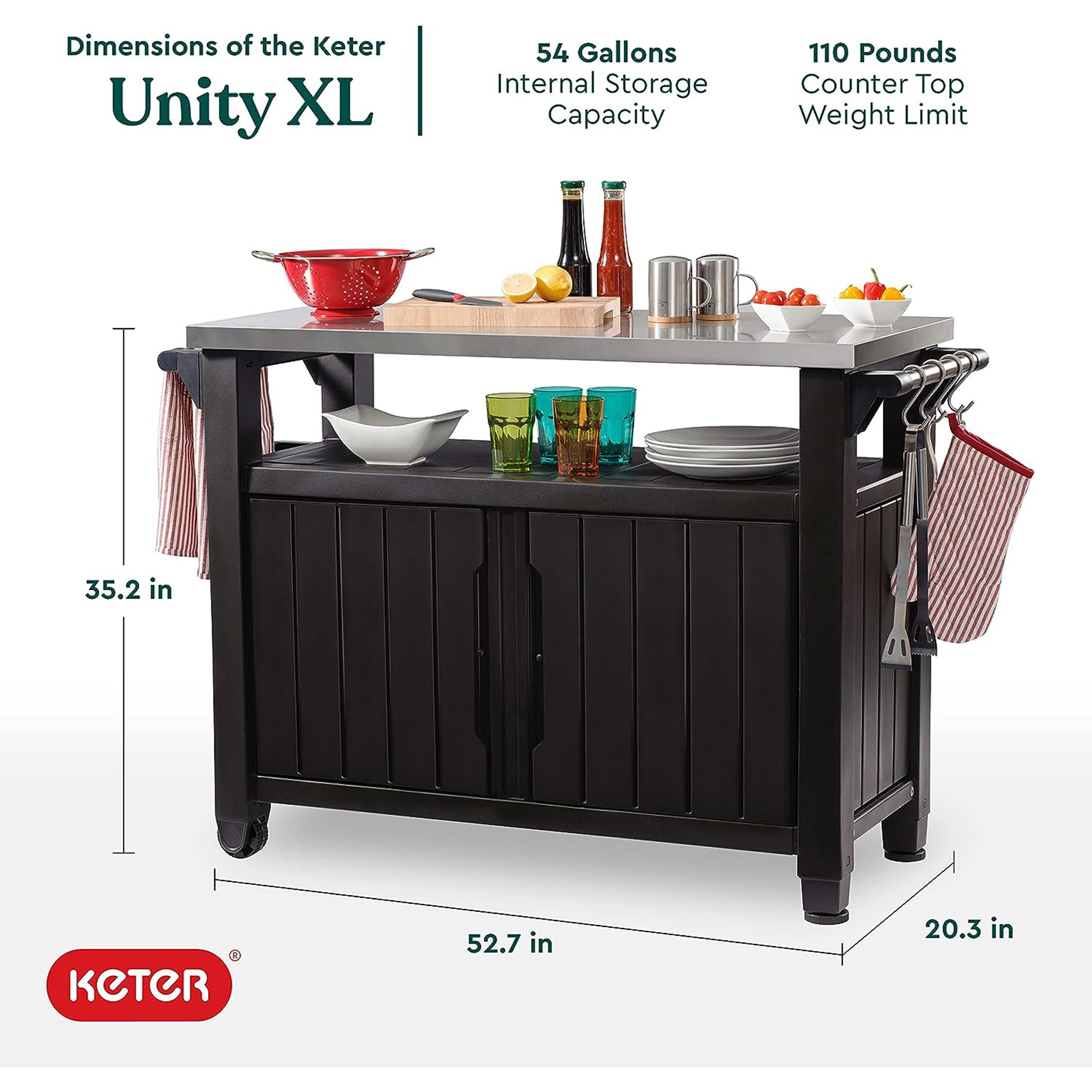 Keter Unity XL Outdoor Kitchen Rolling Bar Cart with Storage Cabinet, Brown - Smart-nests