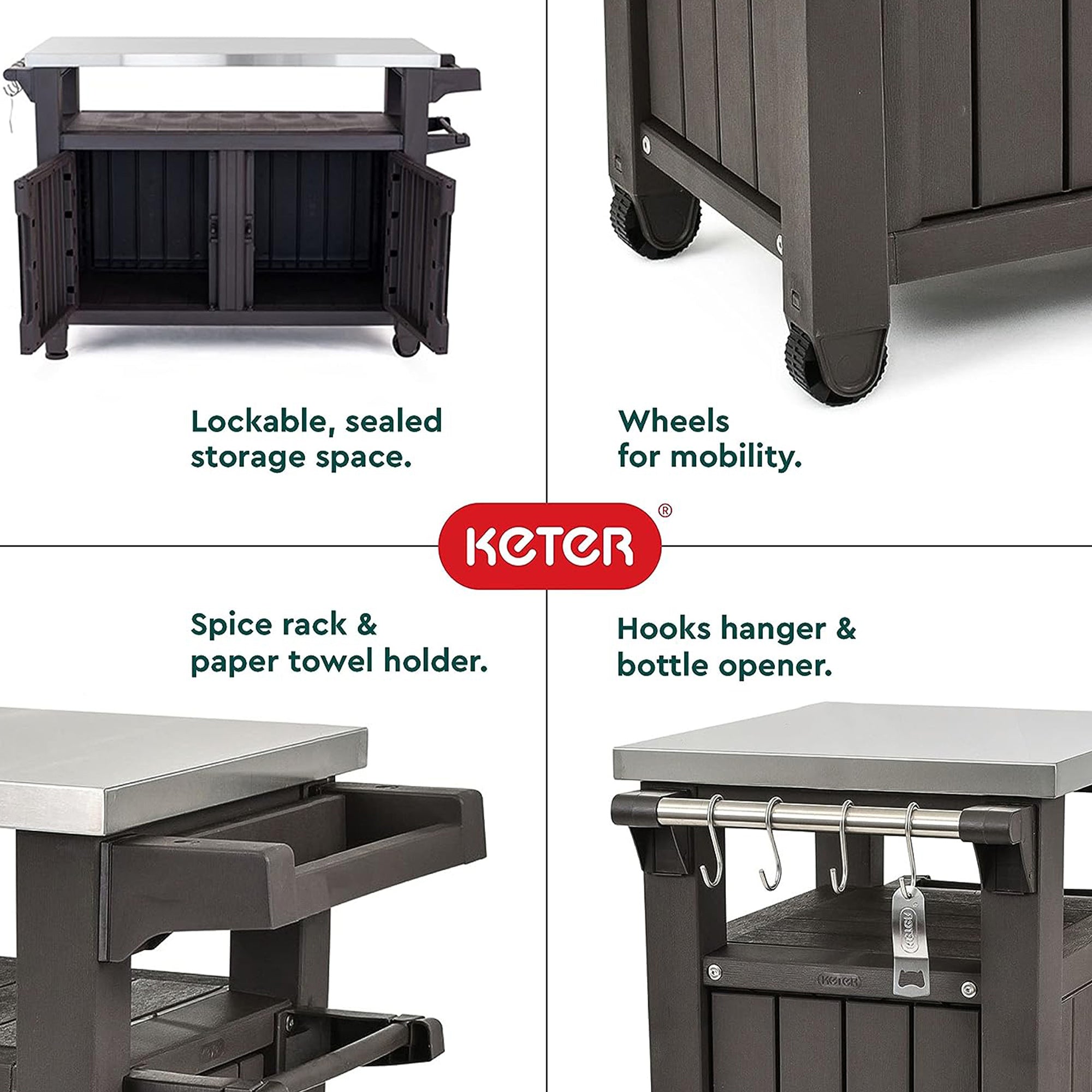 Keter Unity XL Outdoor Kitchen Rolling Bar Cart with Storage Cabinet, Brown - Smart-nests