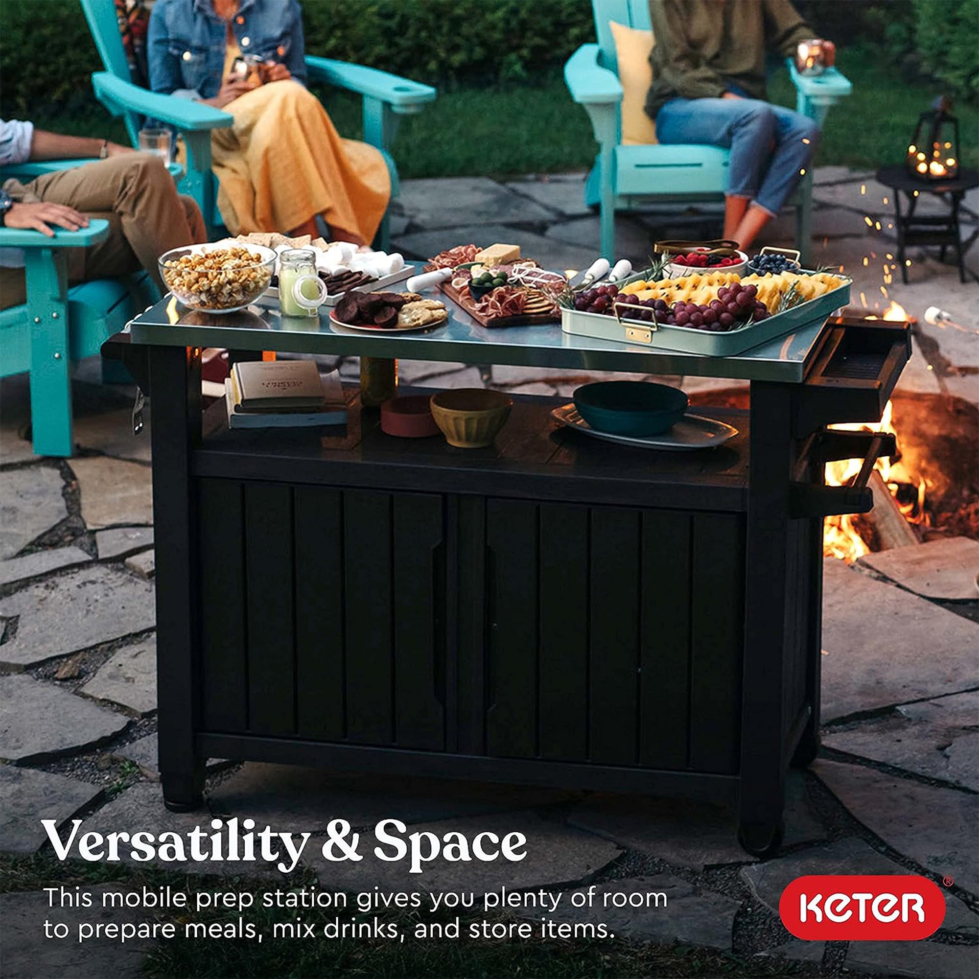 Keter Unity XL Outdoor Kitchen Rolling Bar Cart with Storage Cabinet, Brown - Smart-nests