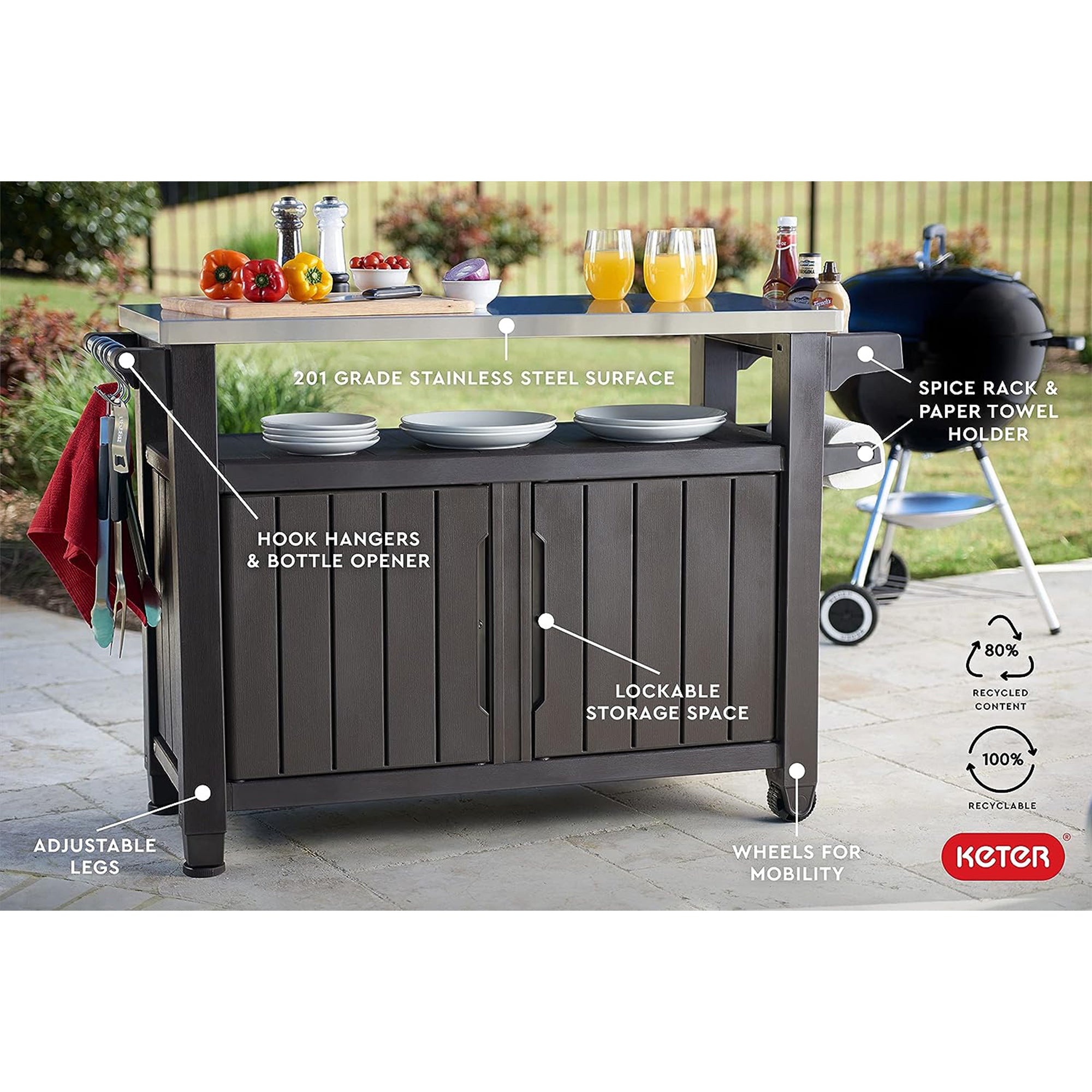 Keter Unity XL Outdoor Kitchen Rolling Bar Cart with Storage Cabinet, Brown - Smart-nests
