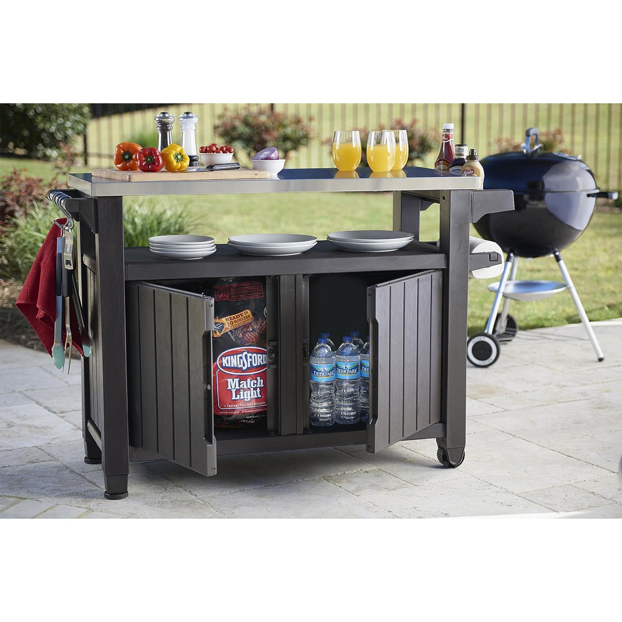 Keter Unity XL Outdoor Kitchen Rolling Bar Cart with Storage Cabinet, Brown - Smart-nests