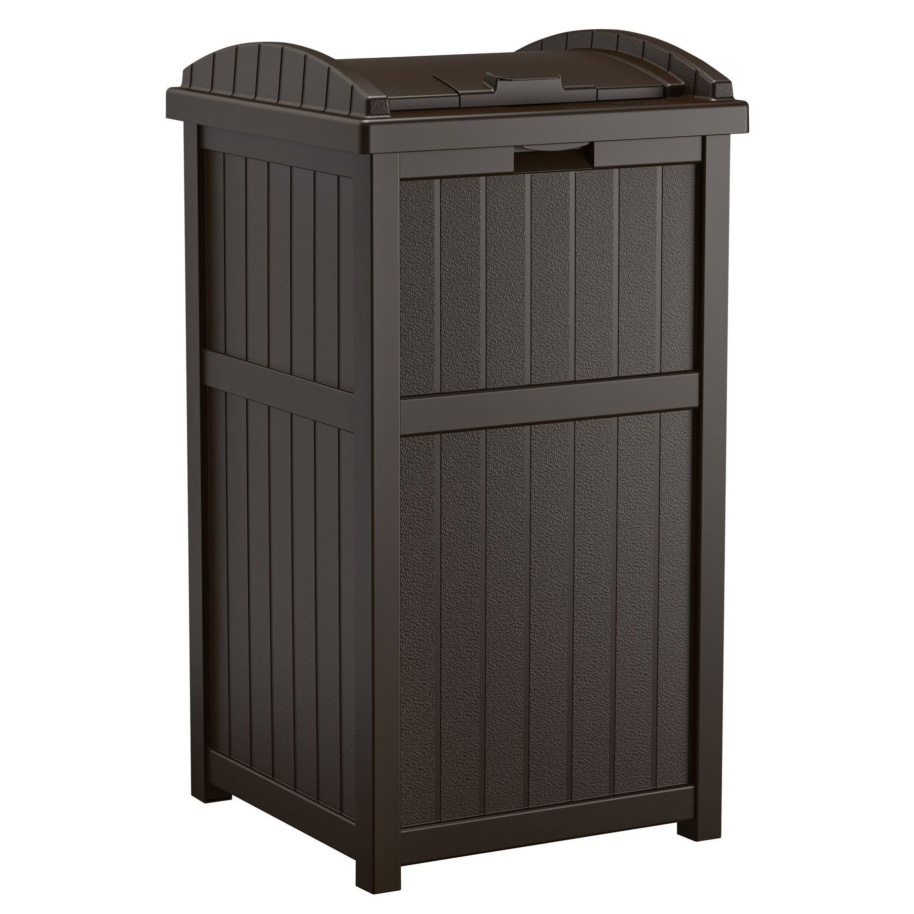 Suncast 73 Gallon Deck Box w/ Seat & Trash Hideaway Outdoor Garbage Bin, Java - Smart-nests