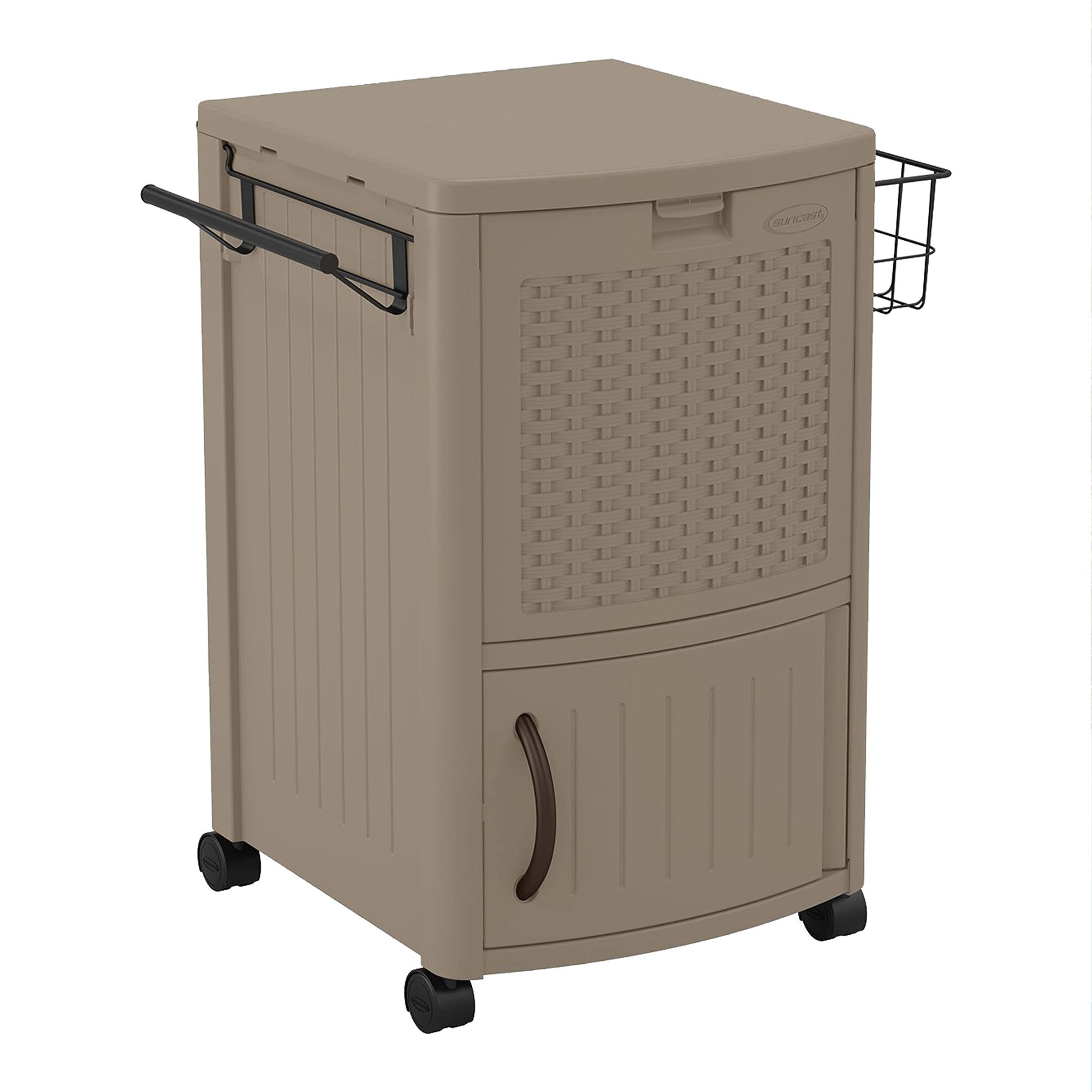 Suncast DCCW3000D 77 Quart Resin Wicker Patio Cooler with Cabinet & Wire Basket - Smart-nests