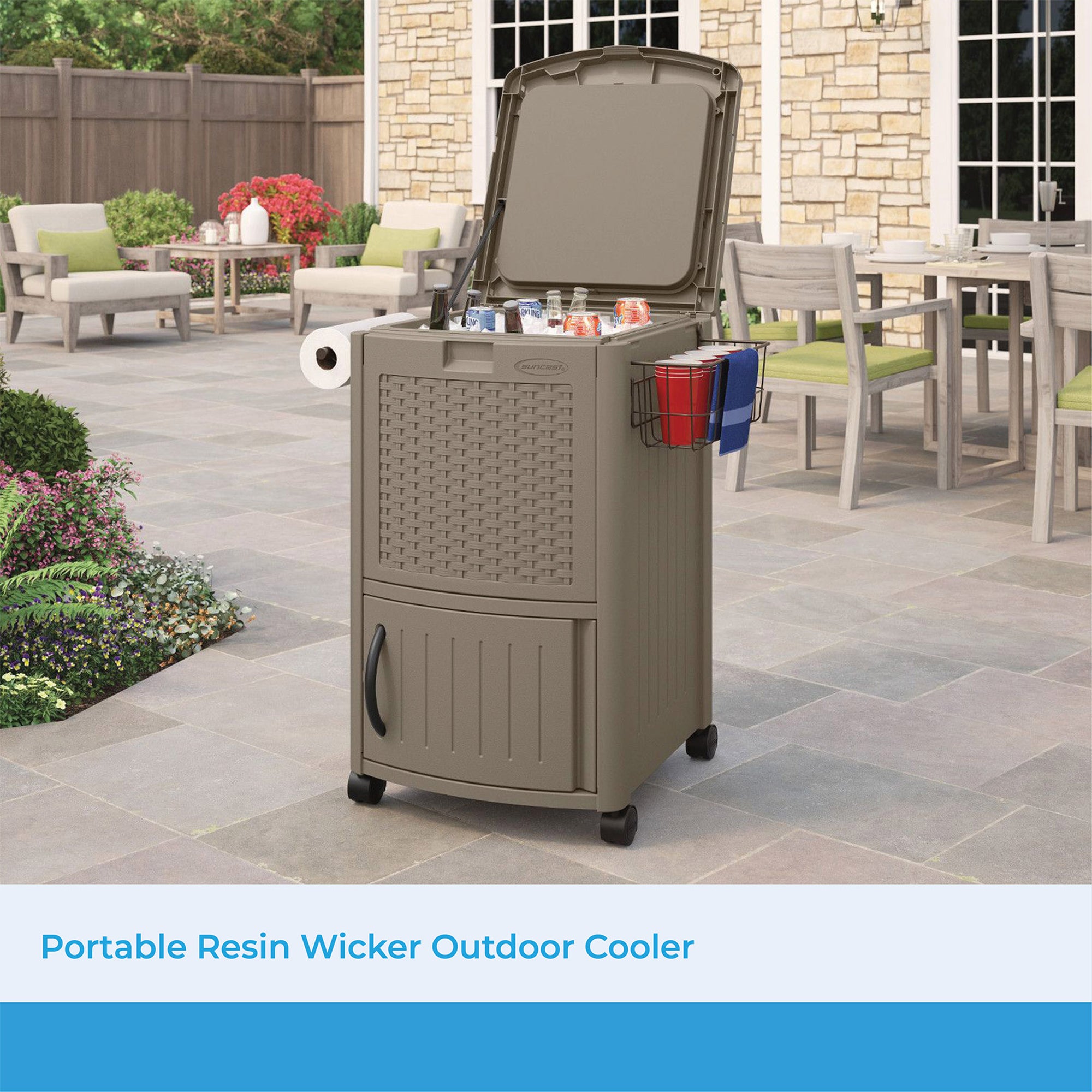 Suncast DCCW3000D 77 Quart Resin Wicker Patio Cooler with Cabinet & Wire Basket - Smart-nests