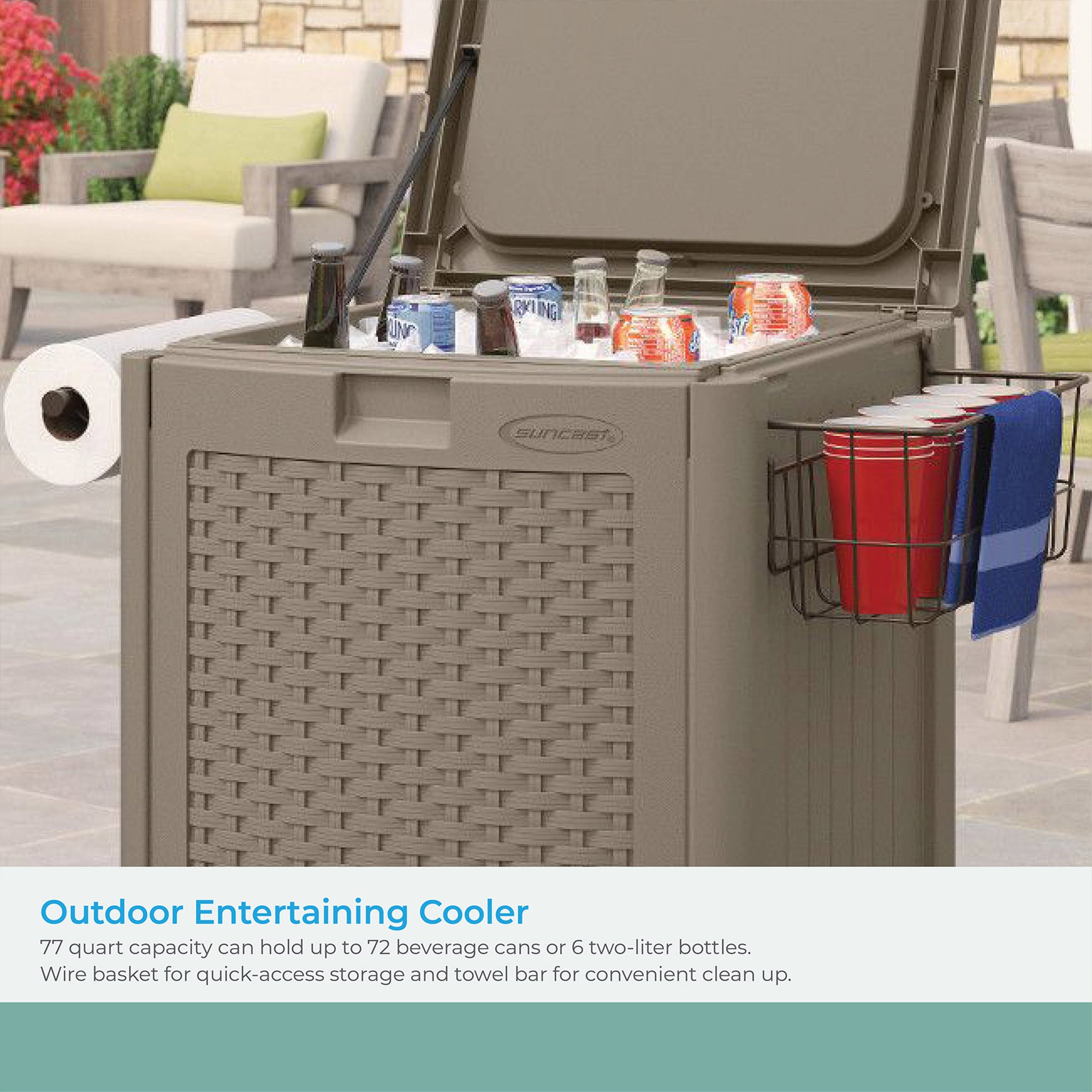 Suncast DCCW3000D 77 Quart Resin Wicker Patio Cooler with Cabinet & Wire Basket - Smart-nests