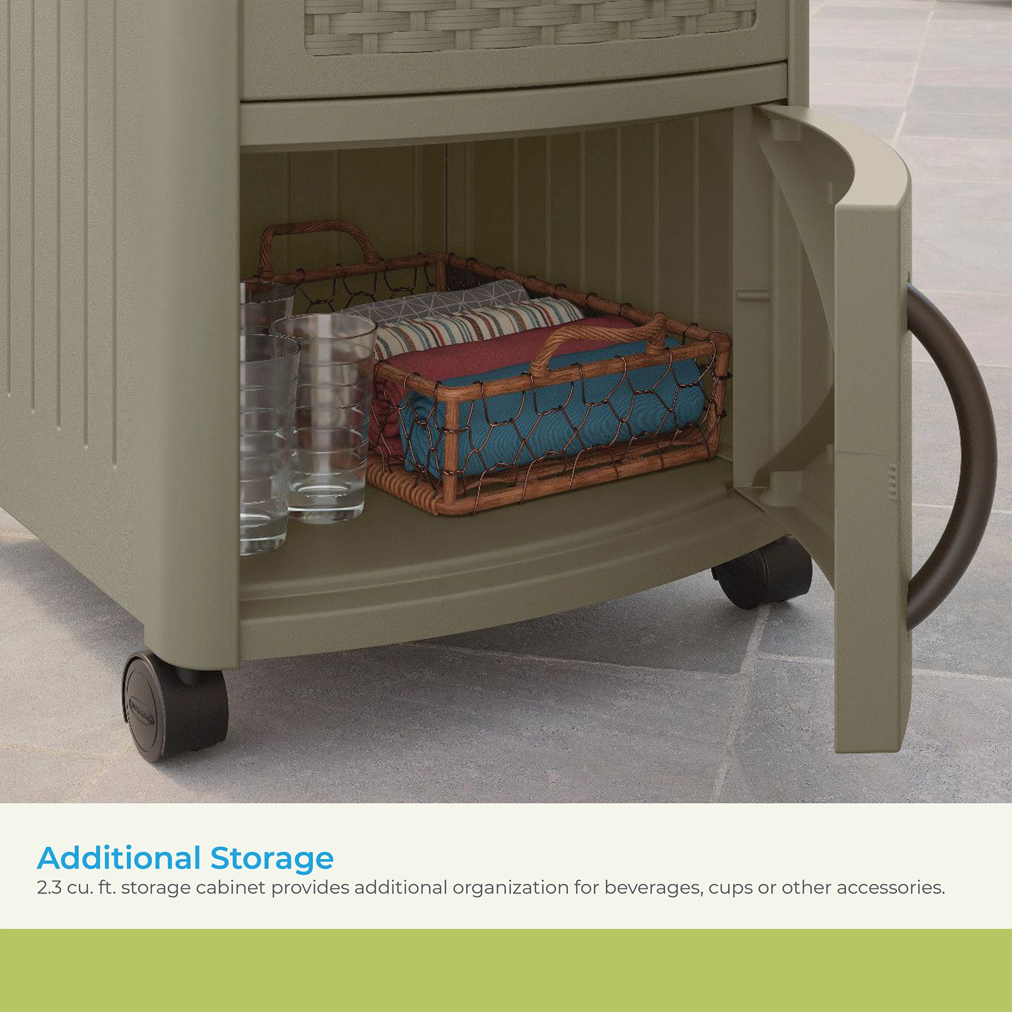 Suncast DCCW3000D 77 Quart Resin Wicker Patio Cooler with Cabinet & Wire Basket - Smart-nests