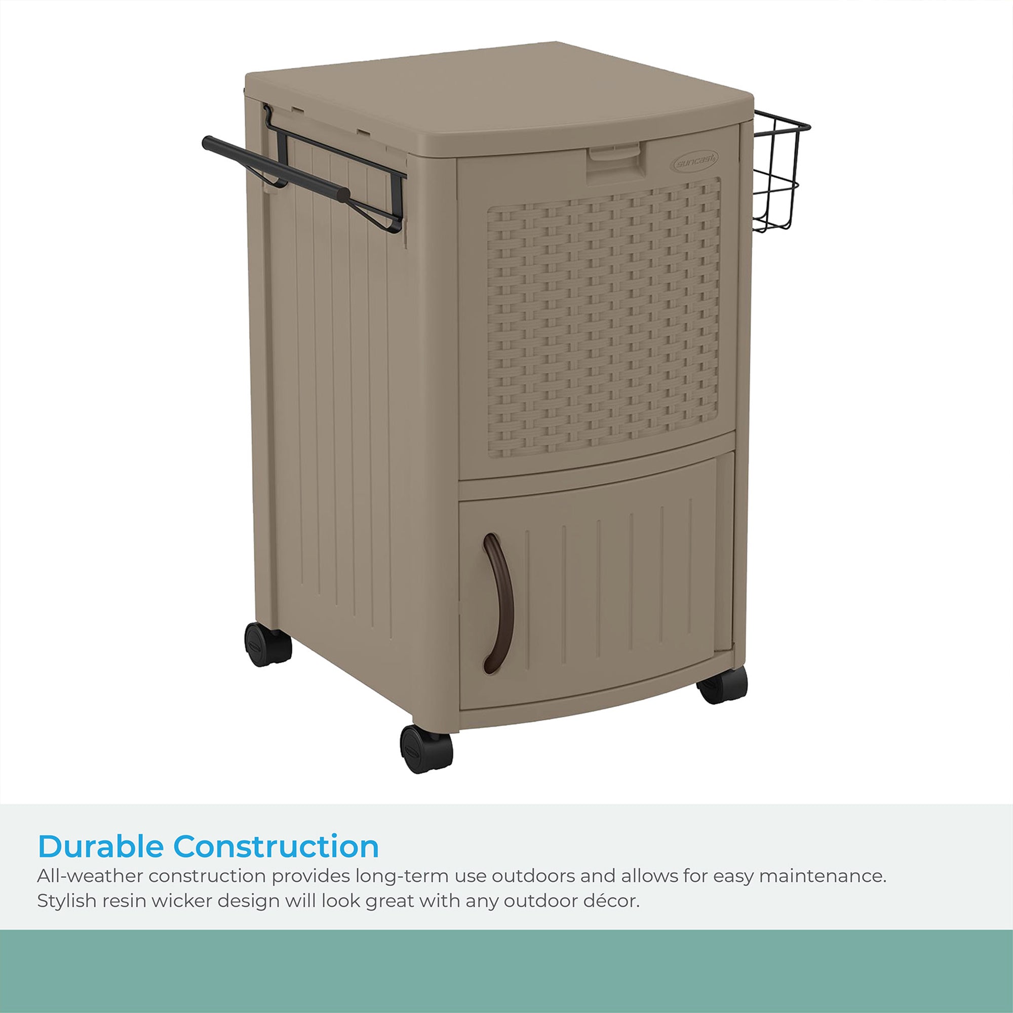 Suncast DCCW3000D 77 Quart Resin Wicker Patio Cooler with Cabinet & Wire Basket - Smart-nests