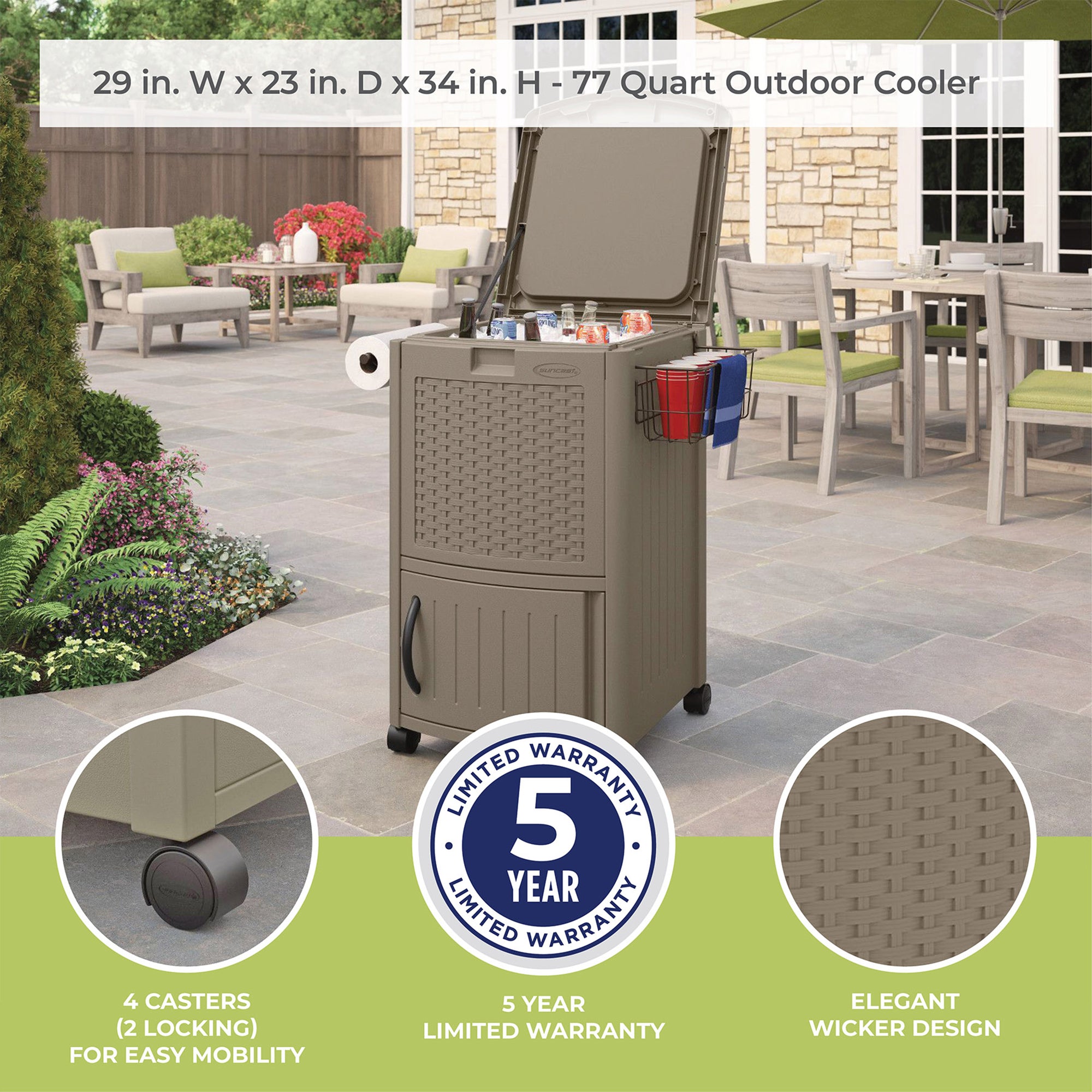 Suncast DCCW3000D 77 Quart Resin Wicker Patio Cooler with Cabinet & Wire Basket - Smart-nests