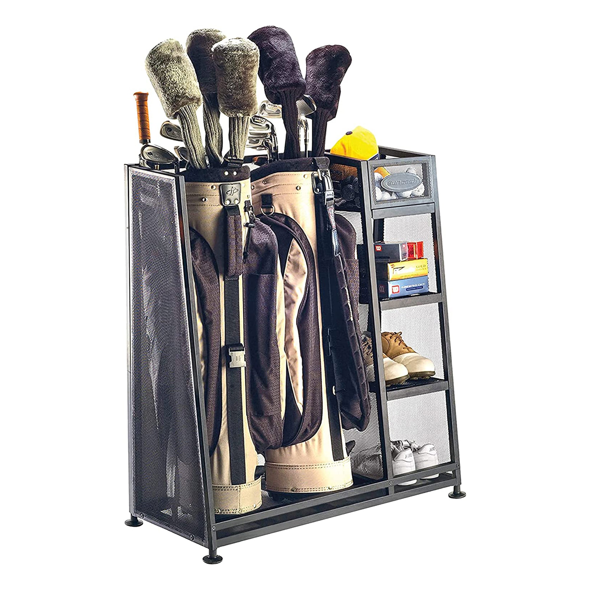 Suncast GO3216D Metal Golf Equipment Organizer Storage Rack w/ 3 Shelves, Black