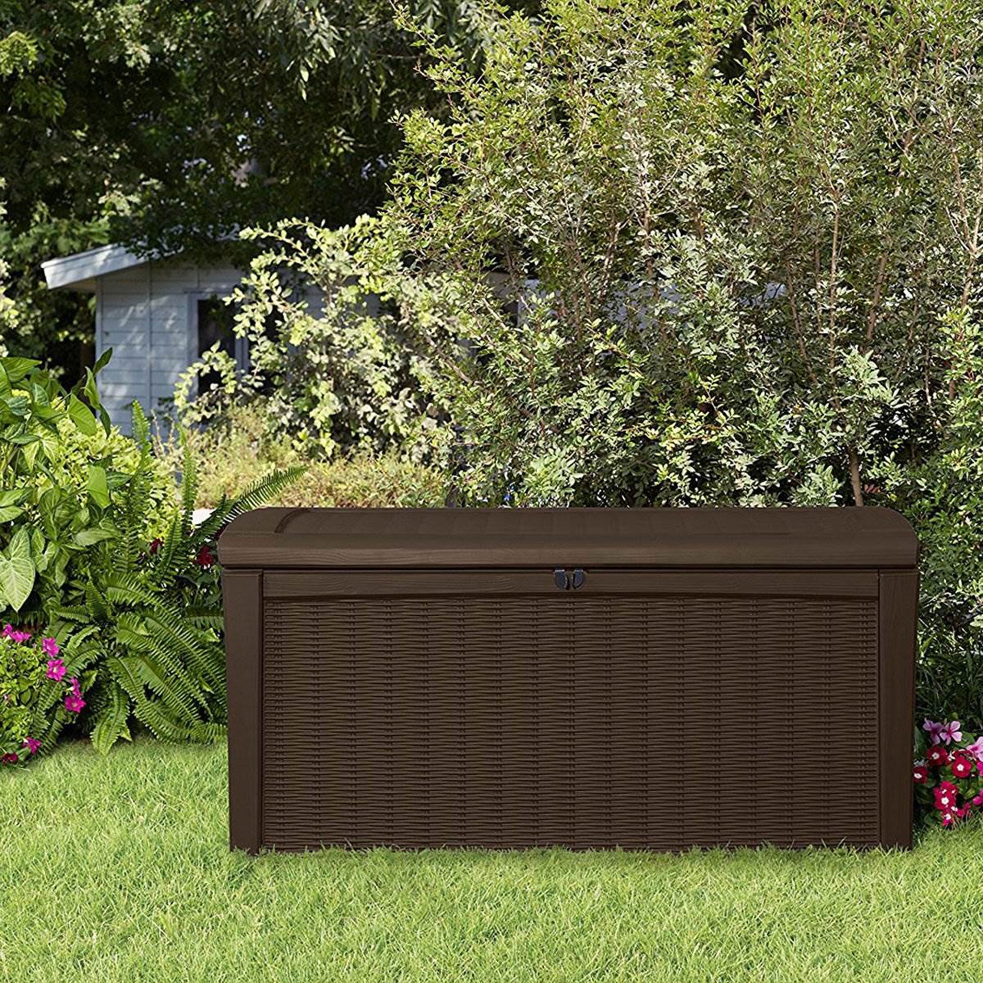 Keter Borneo 110 Gallon Rattan Wicker Resin Patio Deck Storage Box Bench, Brown - Smart-nests