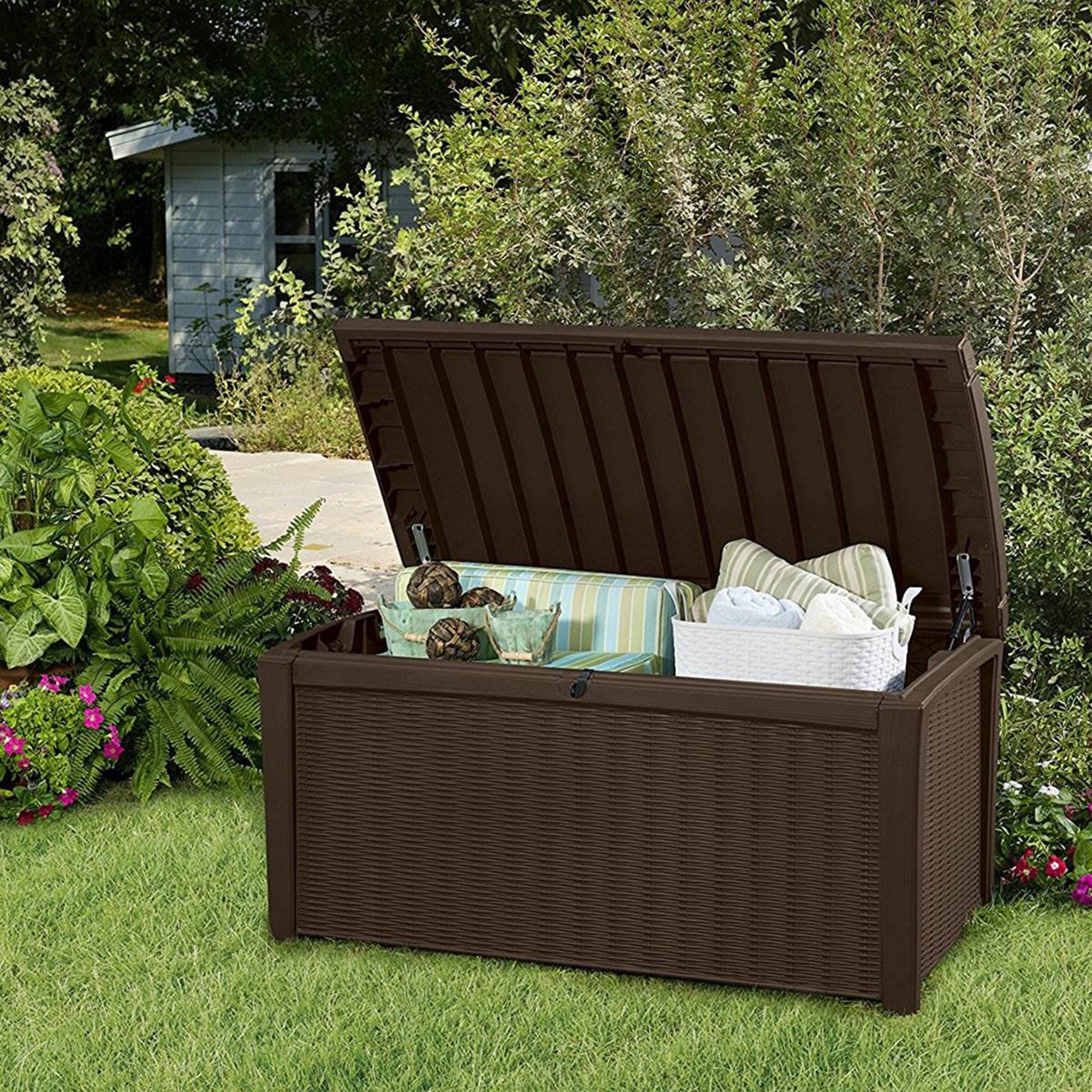 Keter Borneo 110 Gallon Rattan Wicker Resin Patio Deck Storage Box Bench, Brown - Smart-nests