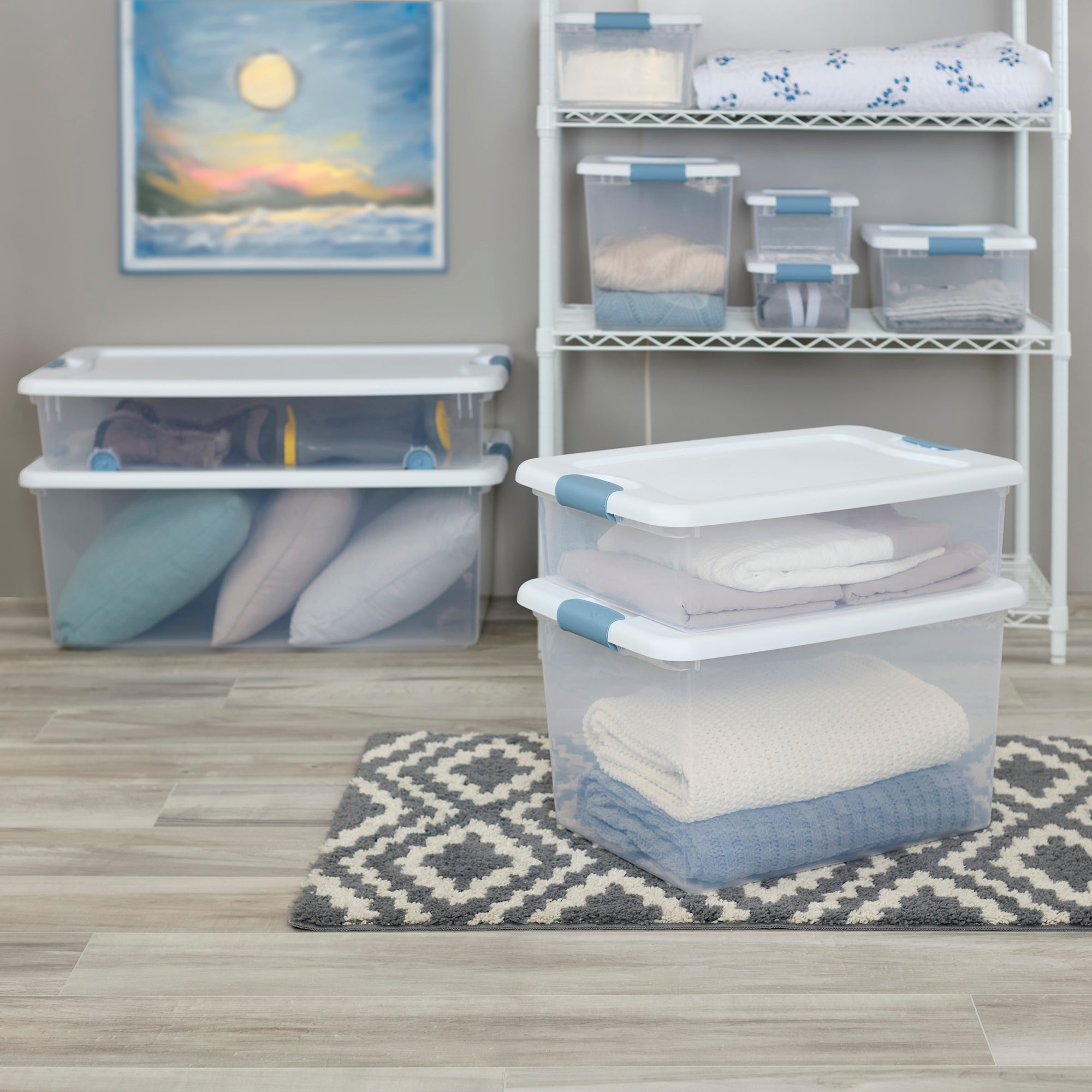Sterilite 64 Qt Clear Plastic Stackable Storage Bin w/ White Latch Lid, 12 Pack - Smart-nests