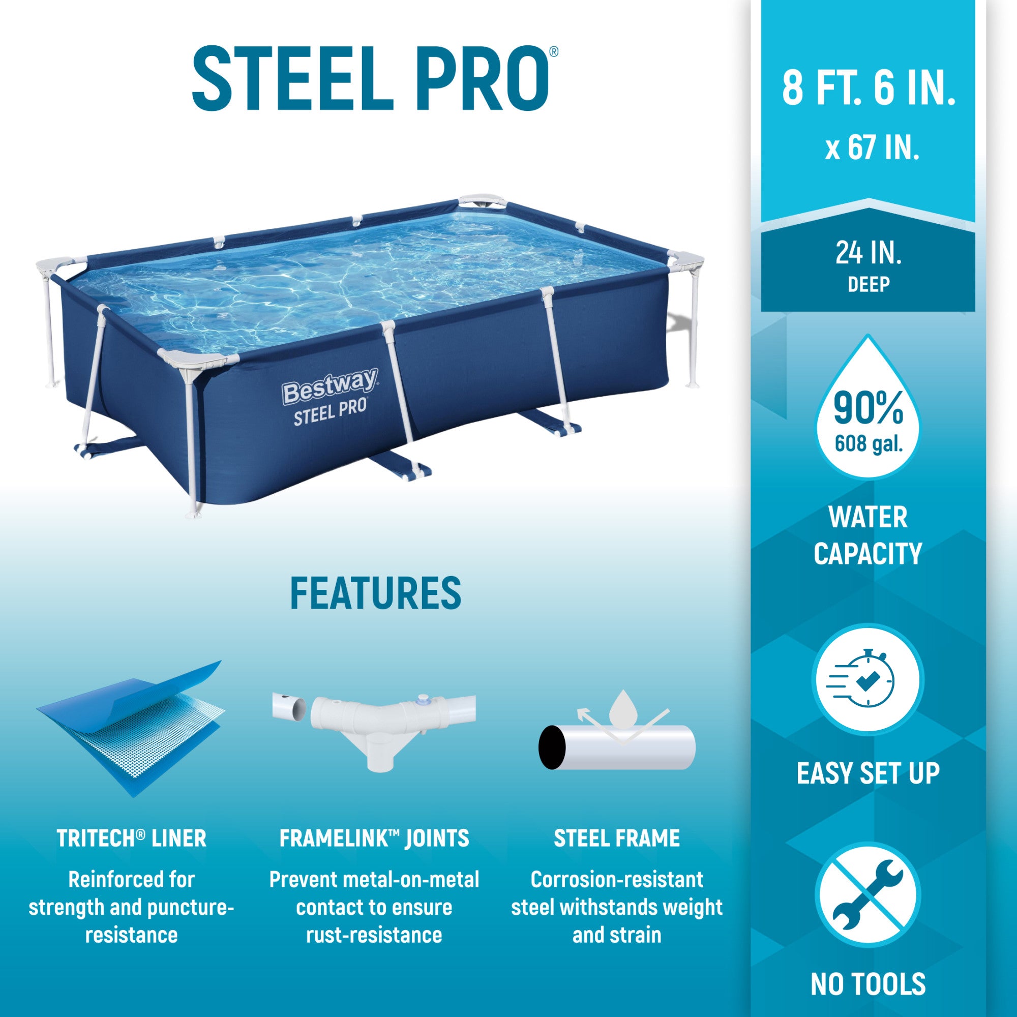 Bestway Steel Pro 8.5'x67"x24" Rectangular Above Ground Outdoor Swimming Pool - Smart-nests