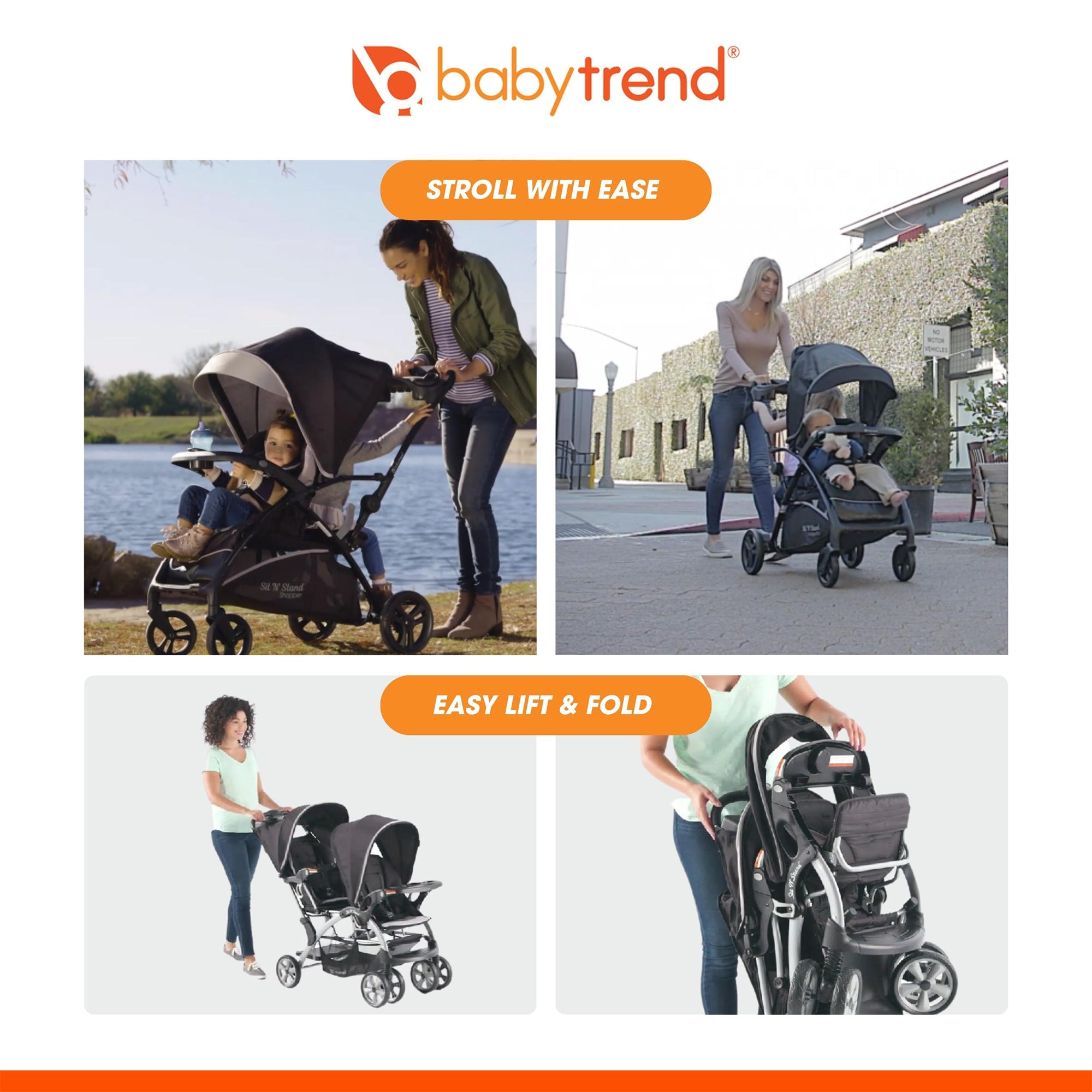 Baby Trend Sit N' Stand Easy Fold Travel Toddler & Baby Double Stroller, Stormy - Smart-nests