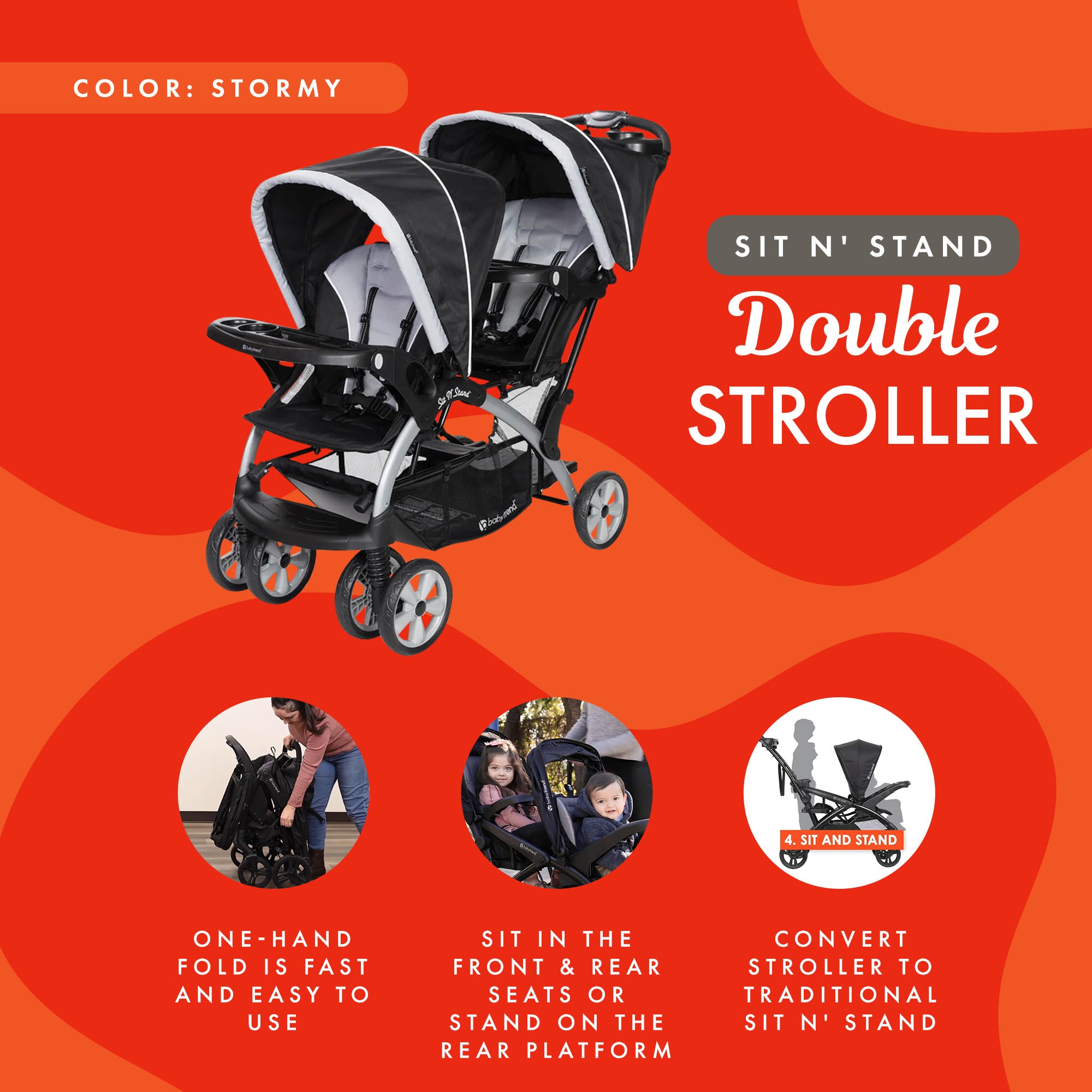 Baby Trend Sit N' Stand Easy Fold Travel Toddler & Baby Double Stroller, Stormy - Smart-nests